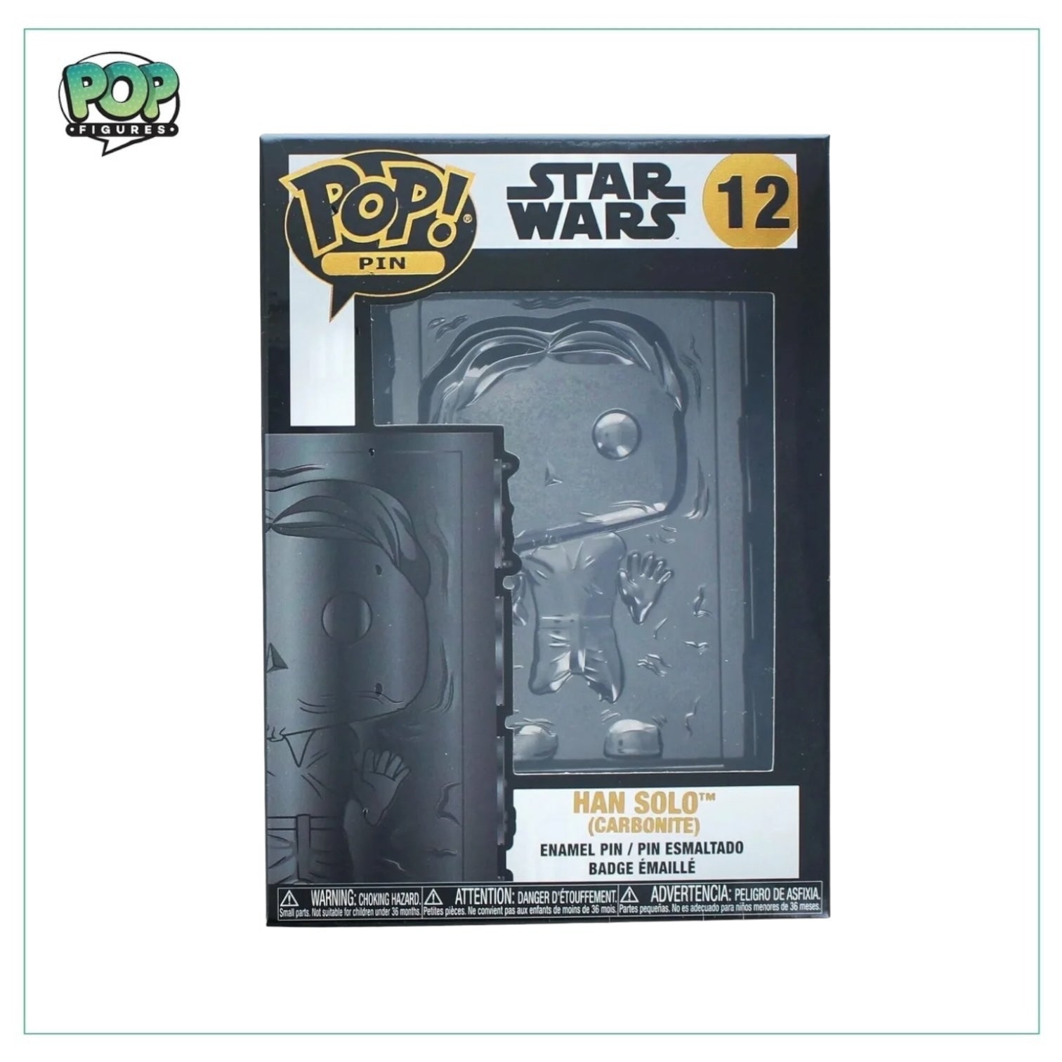 Enamel pin of Han Solo in carbonite from Star Wars, showcasing his iconic frozen pose in a stylish Funko design.