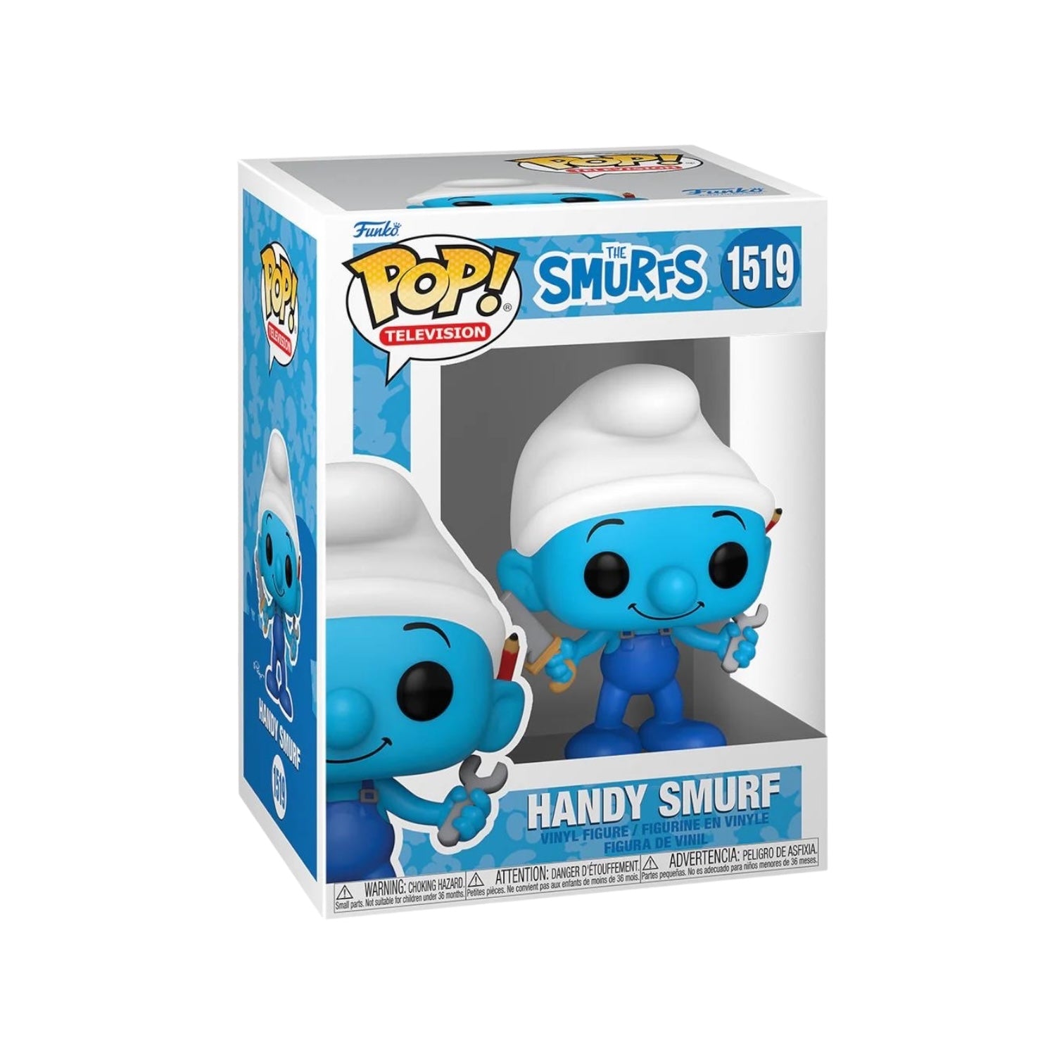 Handy Smurf Funko Pop! figure, blue with a tool belt, from The Smurfs, collectible item #1519