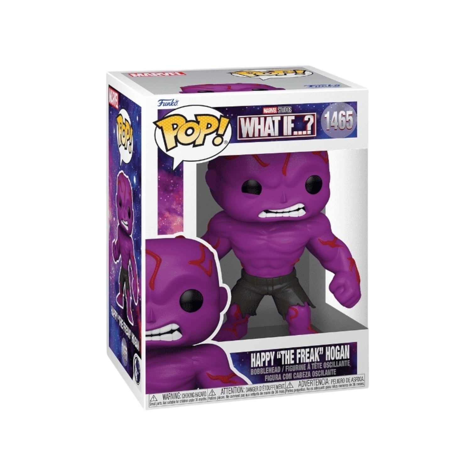 Happy Hogan "The Freak"displaying white gritted teeth, with bulging red veins on his head arms and legs on his Purple bodying wearing black ripped jeans , displayed in his external packaging