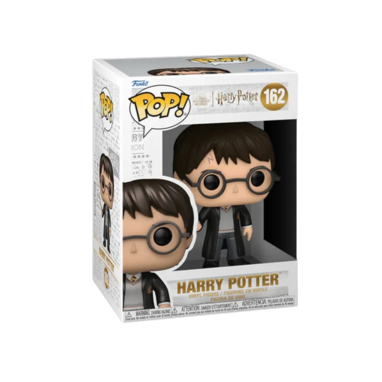 Funko Pop #162 of Harry Potter in a metallic design, showcasing his iconic robe and glasses with a reflective surface.