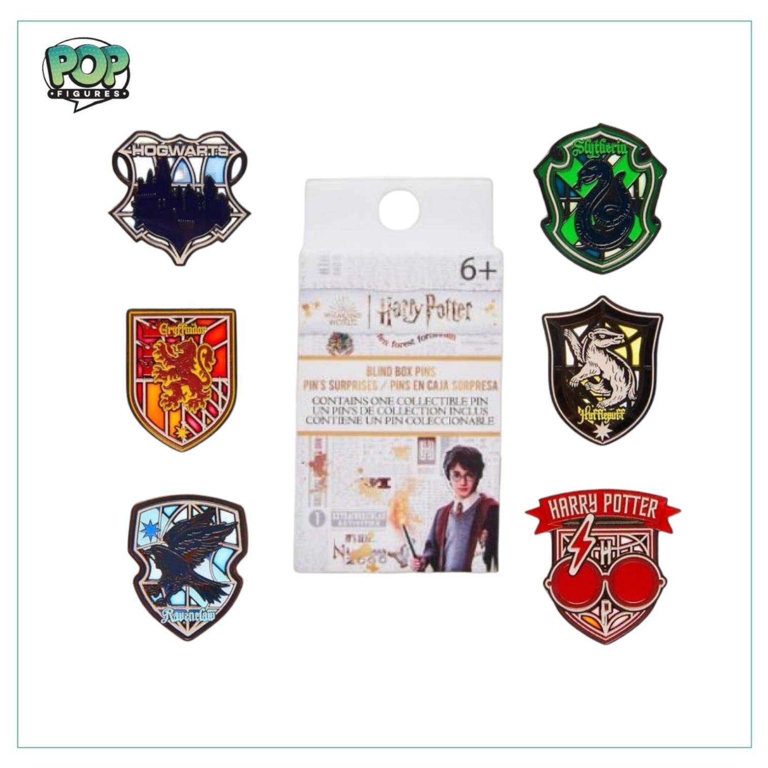 Colorful stained glass design featuring Harry Potter characters, part of a Loungefly enamel blind box collection.