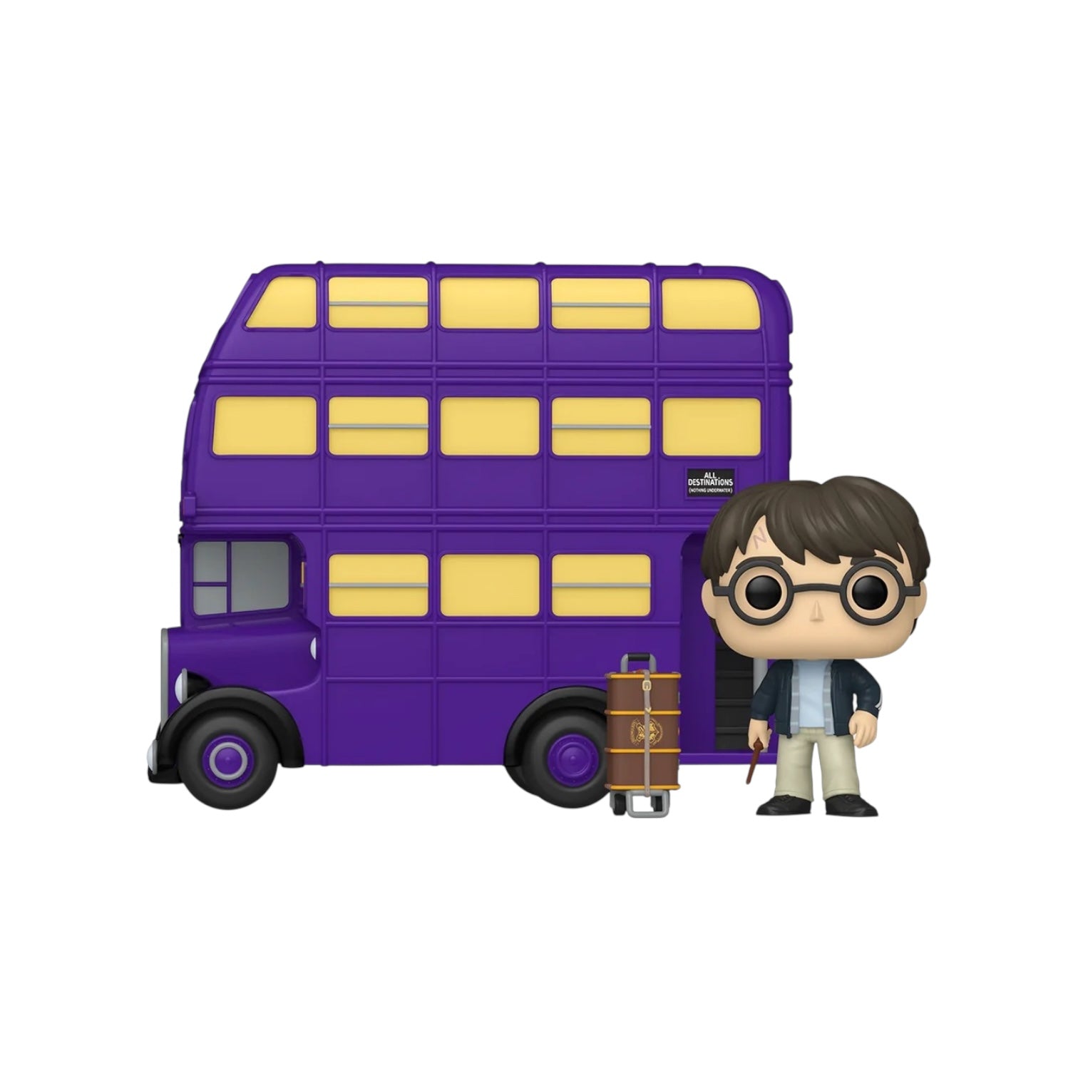 Funko Pop! vinyl figure of a character with a purple double-decker bus and suitcase on a white background