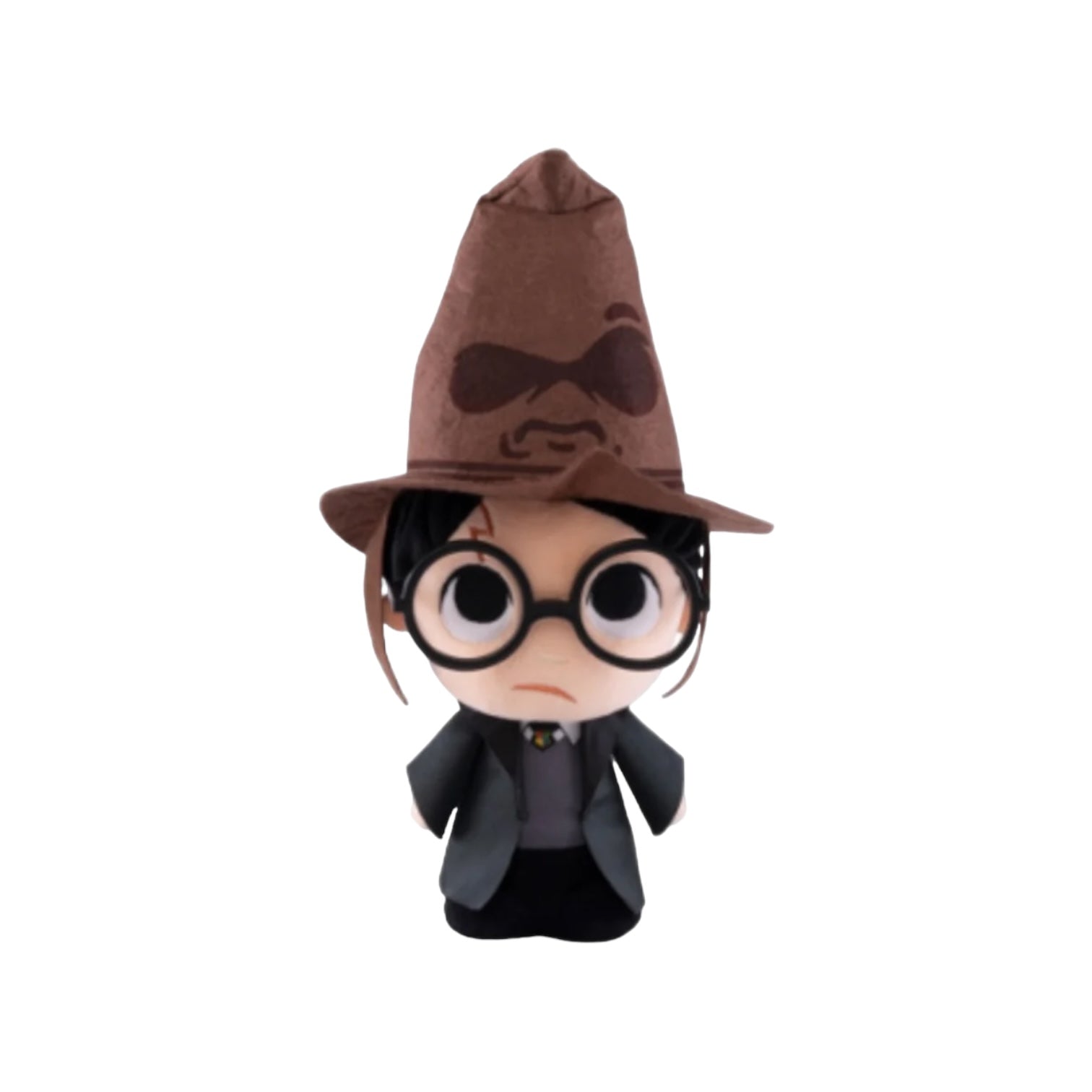 Adorable Harry Potter plush with Sorting Hat, featuring his signature glasses and scar, perfect for fans and collectors alike.
