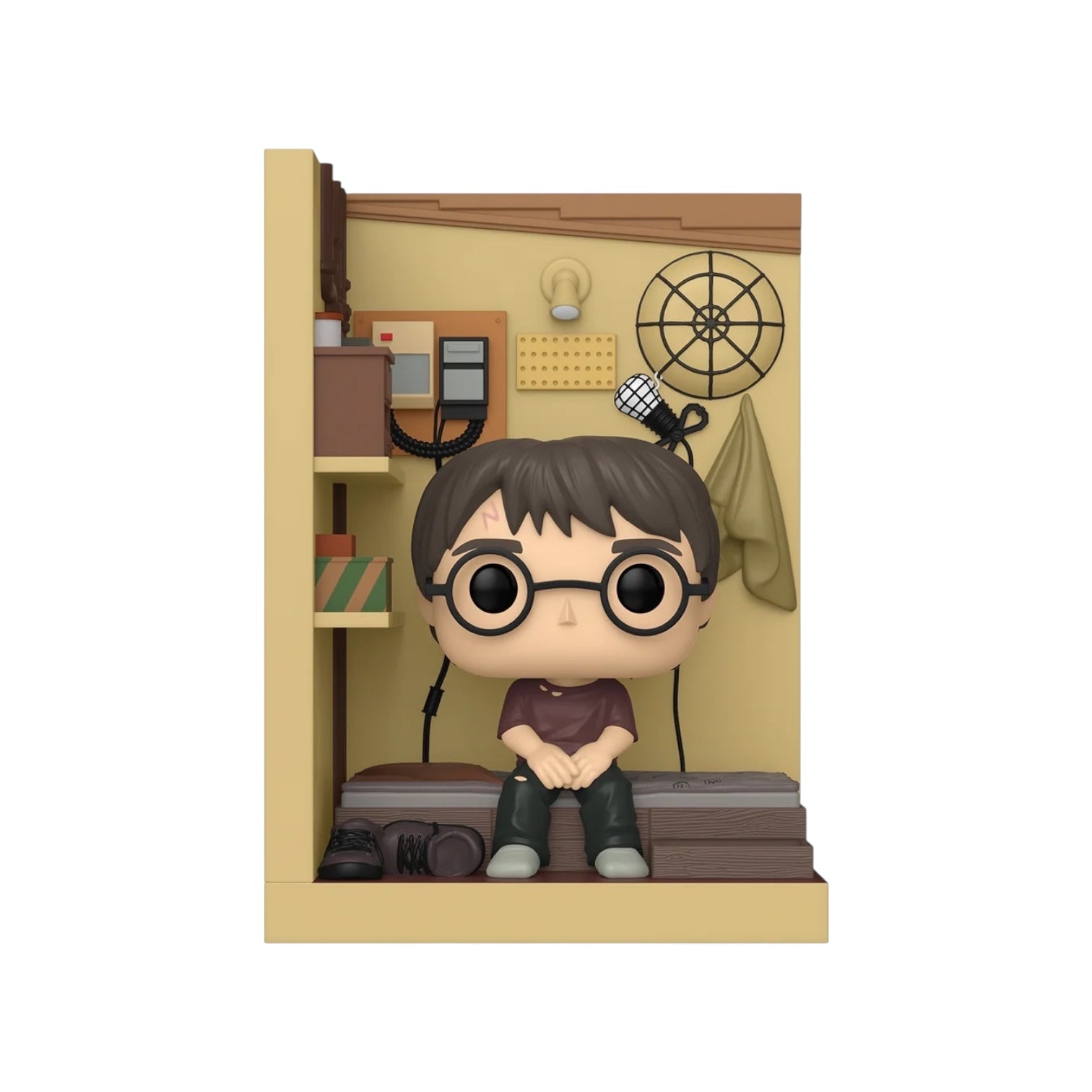 Funko Pop! vinyl figure of a character sitting on a bookshelf with various items.