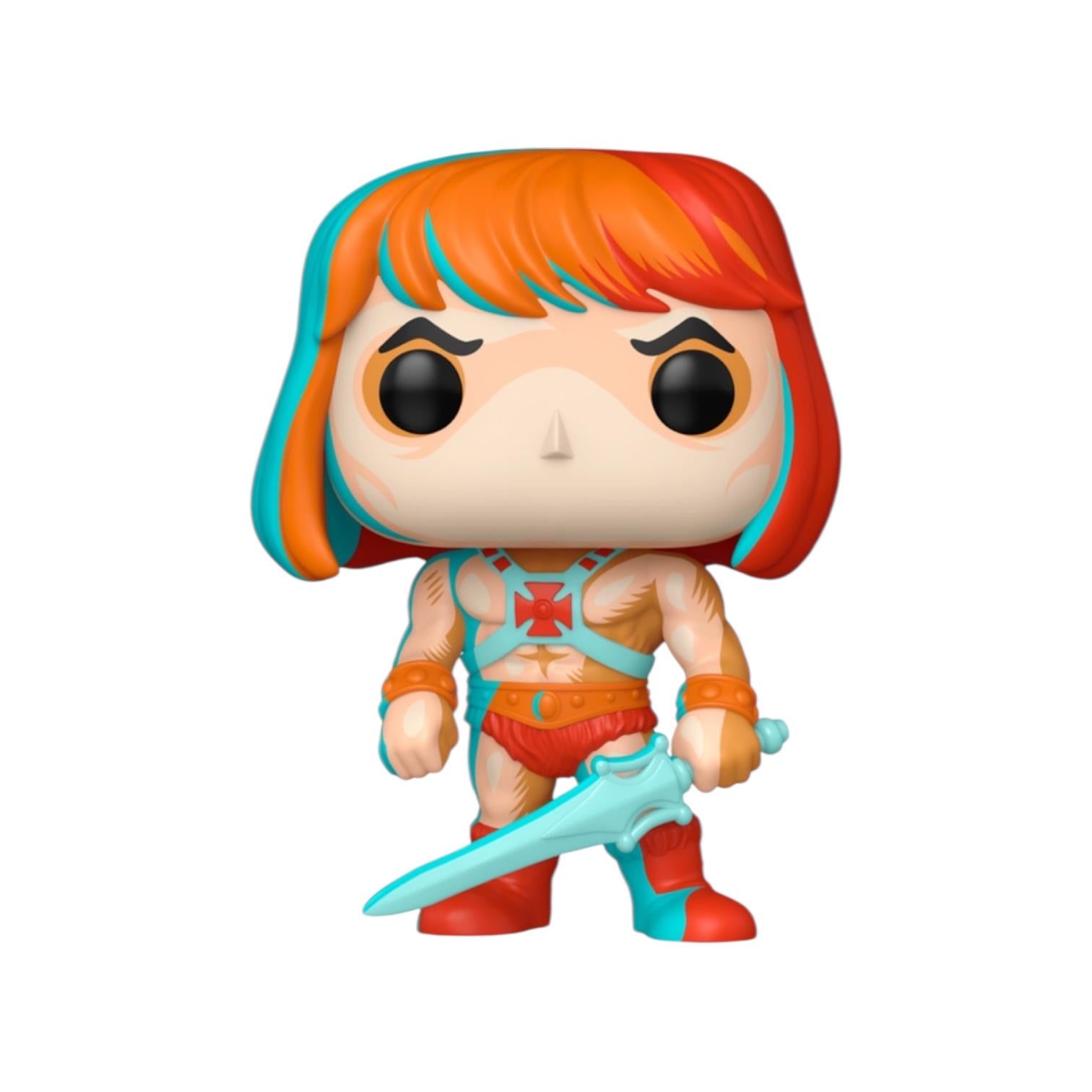 Colorful figurine with orange hair and a sword on a white background
