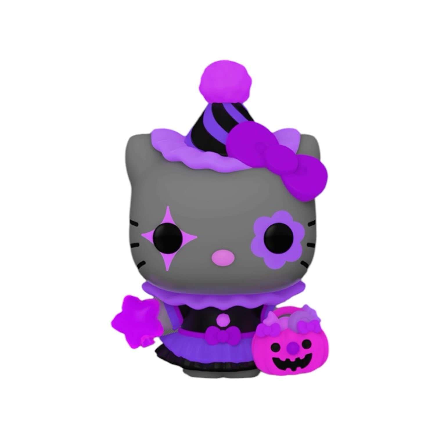 Halloween-themed Hello Kitty figurine with purple and black outfit on a white background