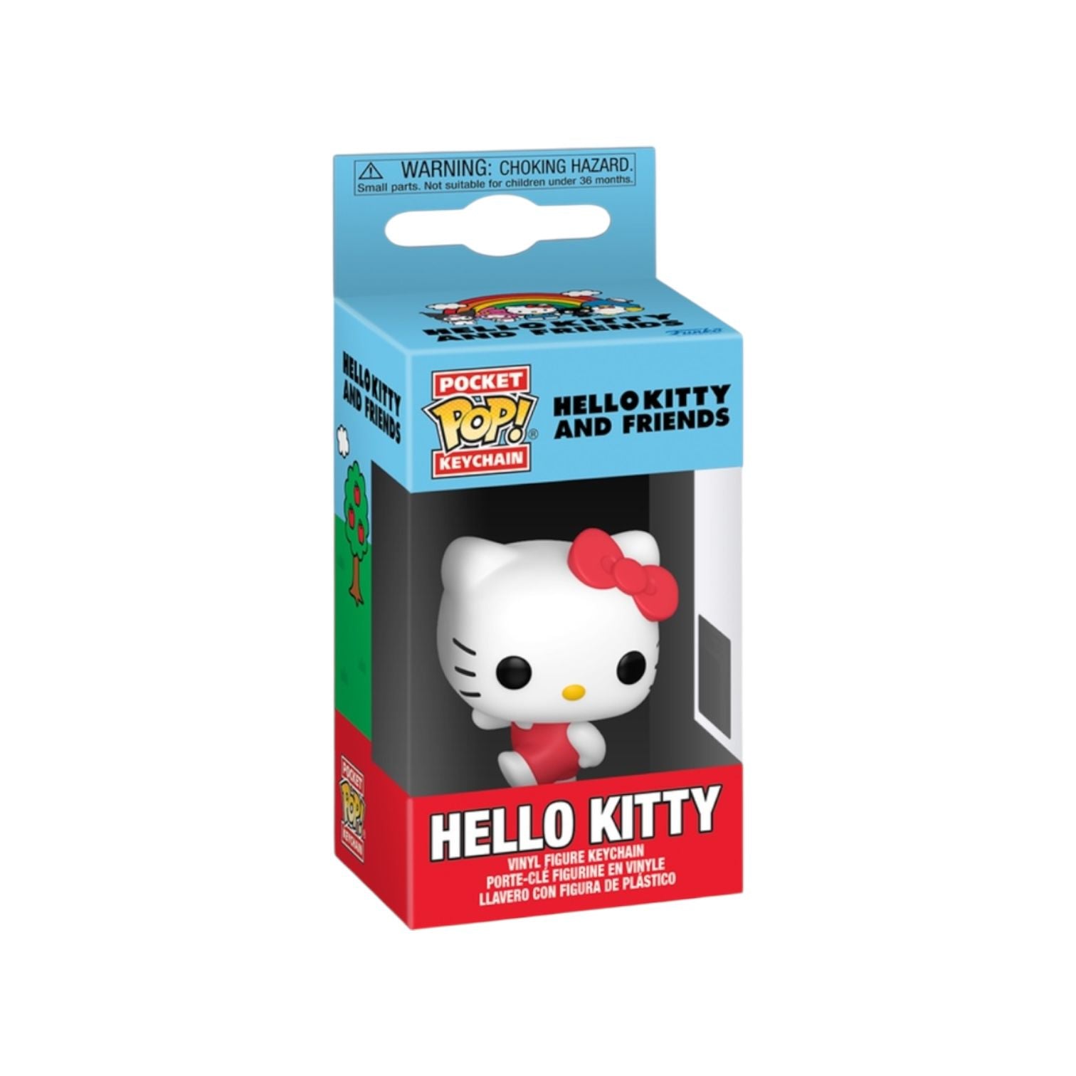 Hello Kitty keychain packaging with blue and red design on a white background