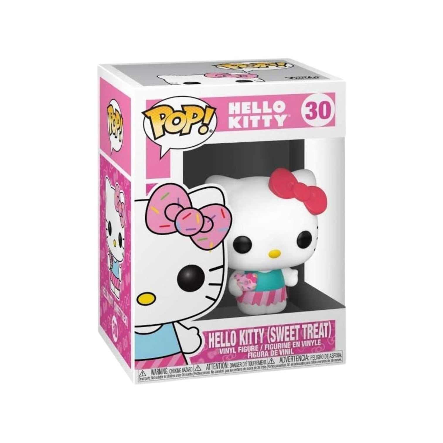 Cute Hello Kitty Funko Pop! #30, dressed as a sweet treat, with a big bow and a cheerful expression. Perfect for collectors!