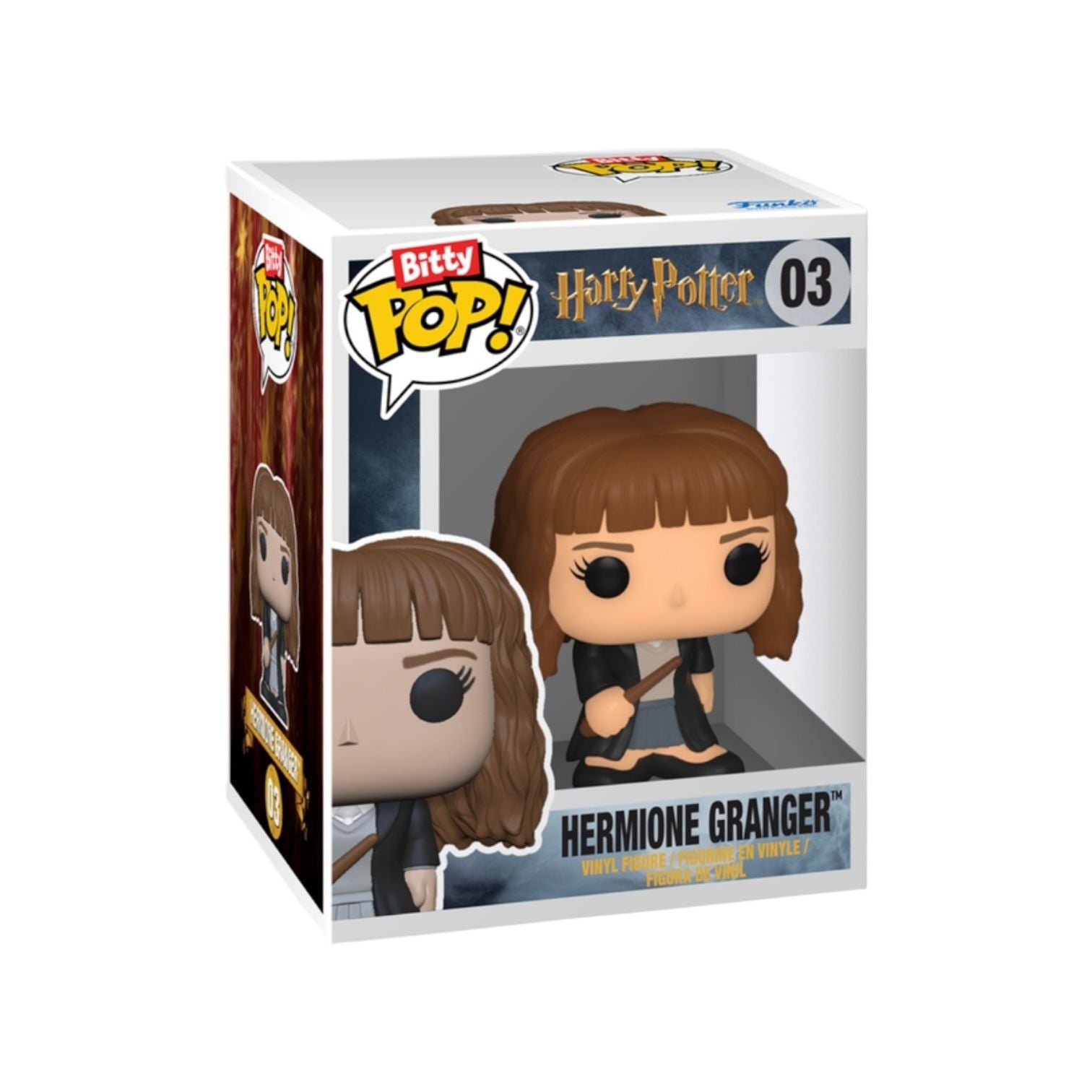 Funko Pop! Hermione Granger figure packaging with Bitty Pop! branding on a white background
