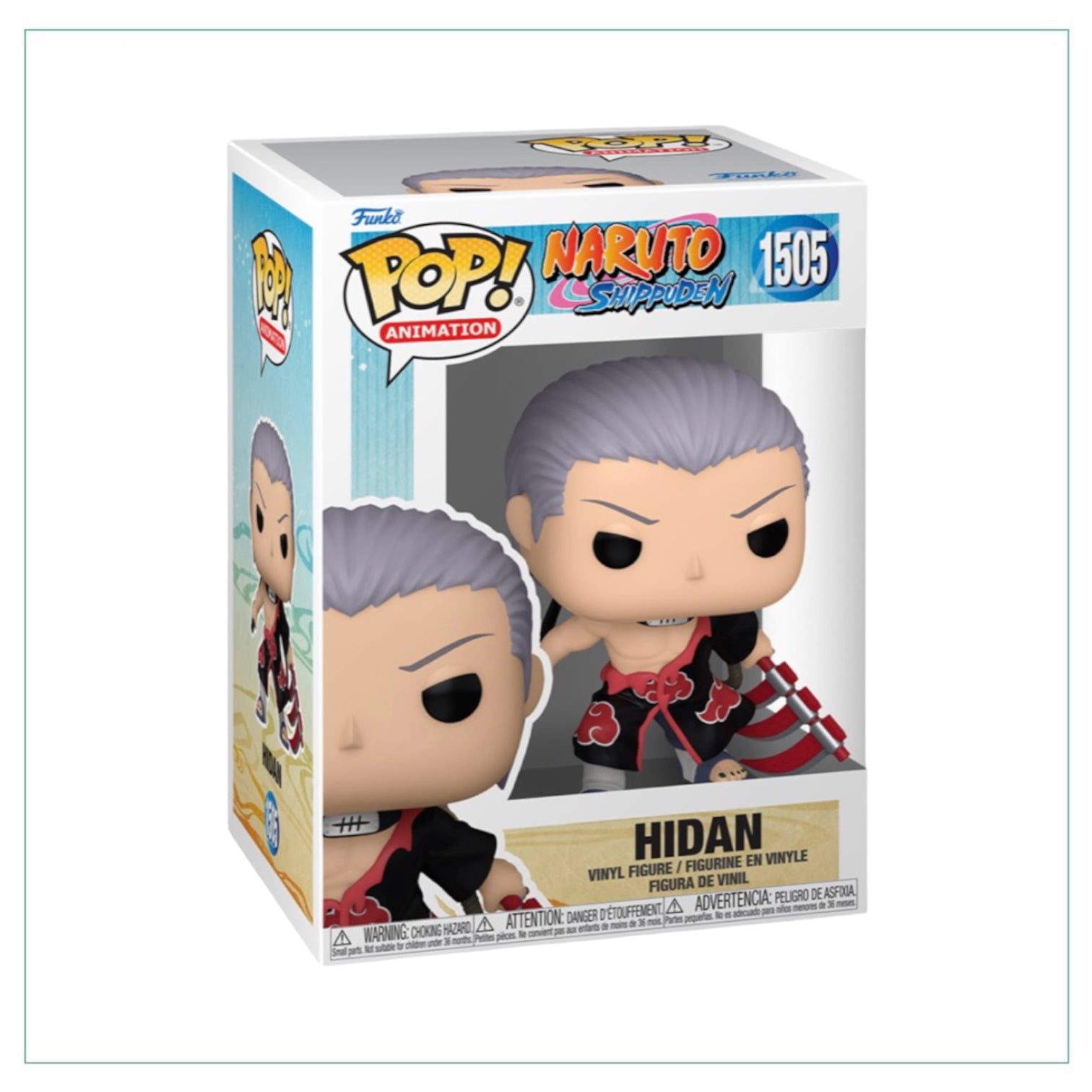 Hidan #1505 Funko Pop! from Naruto, featuring the character with his signature scythe and unique black and red outfit.