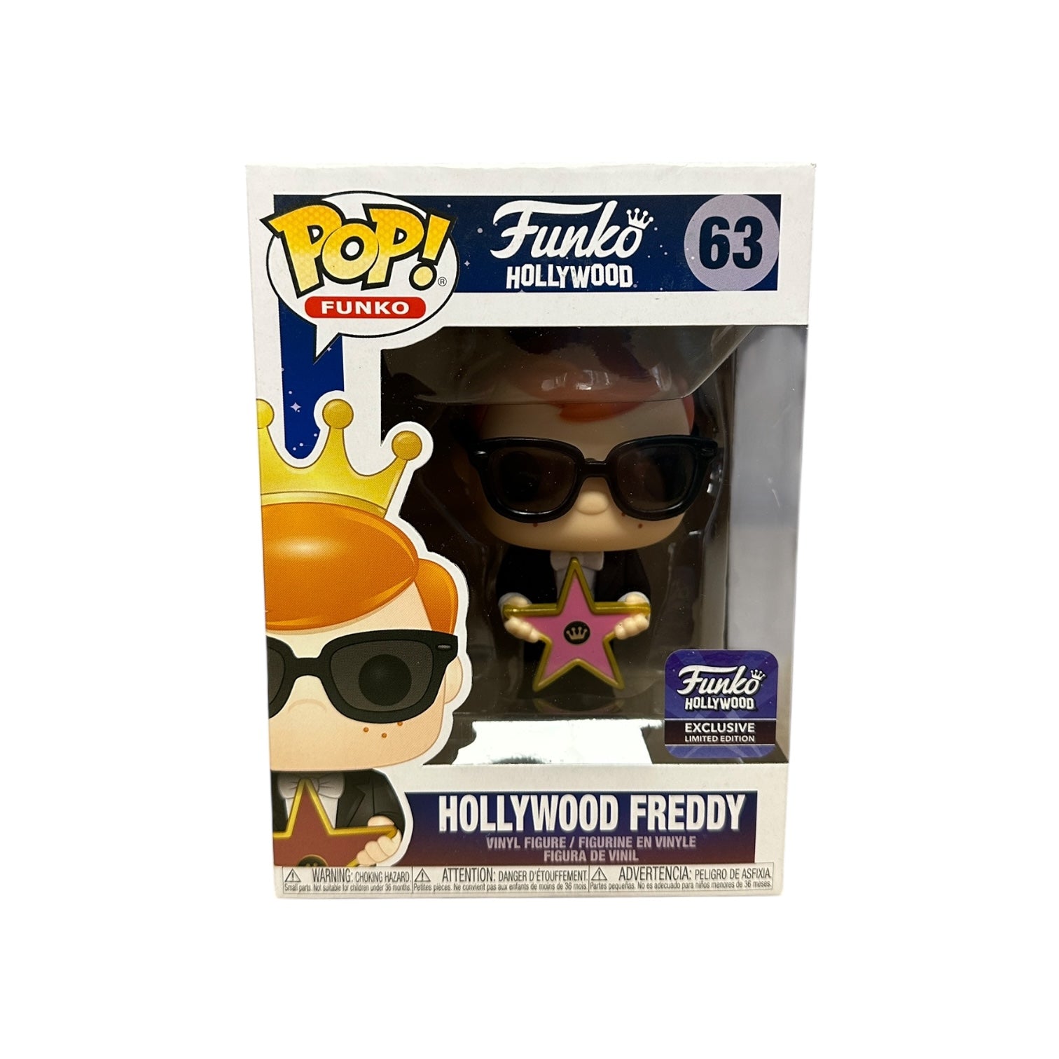 Funko Pop! packaging of Hollywood Freddy figure with sunglasses and star, featuring Funko logo and branding.