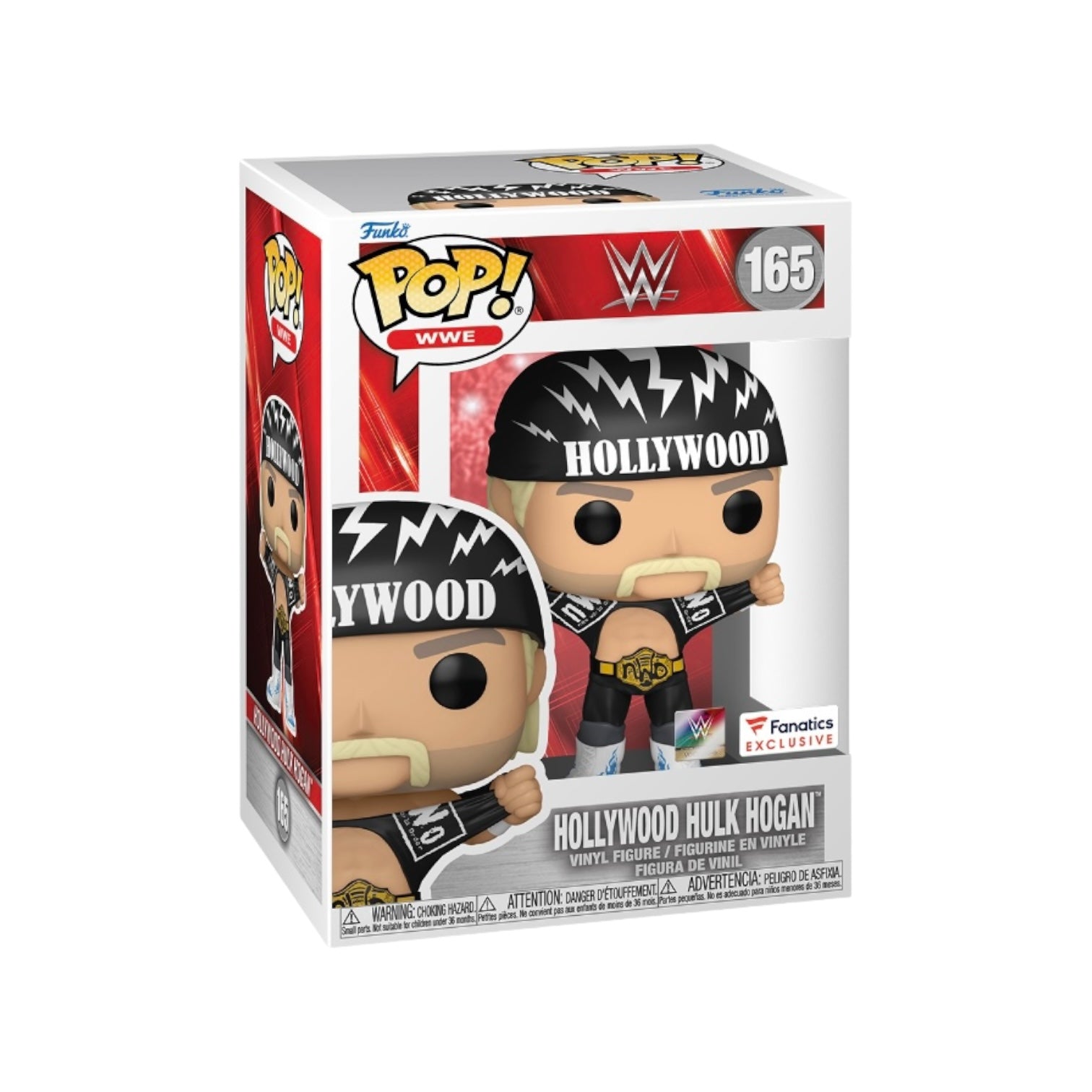 Funko Pop! figure of Hollywood Hulk Hogan #165, a WWE Fanatics Exclusive, showcasing the iconic wrestler in vibrant detail.