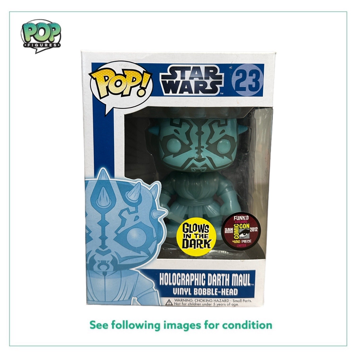 Holographic Darth Maul Funko Pop! #23, glows in the dark, SDCC 2012 exclusive, limited to 480 pieces, condition 6.5/10.