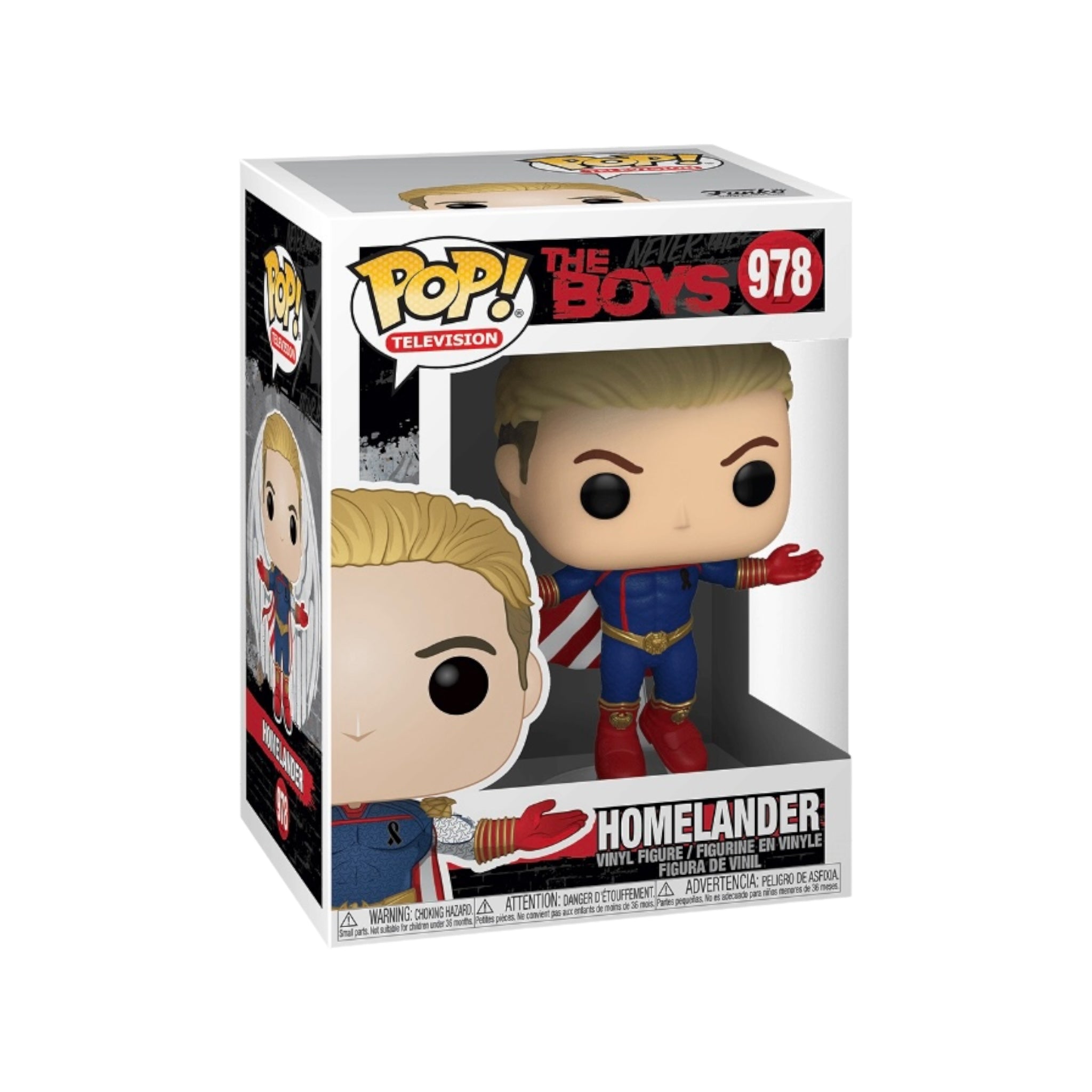 Homelander #978 Funko Pop! from The Boys, showcasing the character levitating with a powerful stance and vibrant colors.