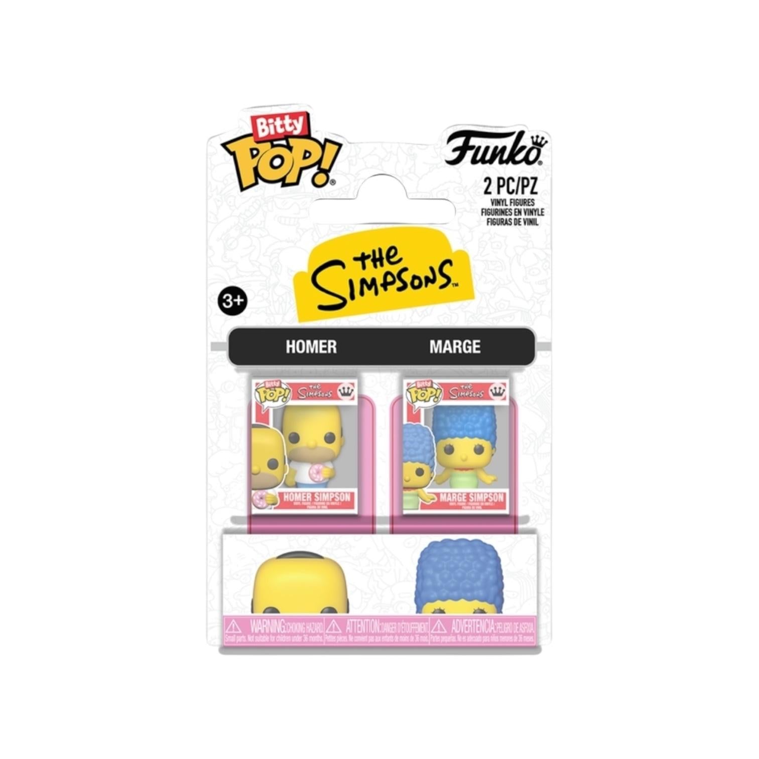 Funko Pop! packaging of Homer and Marge Simpson figures with Bitty Pop! branding.