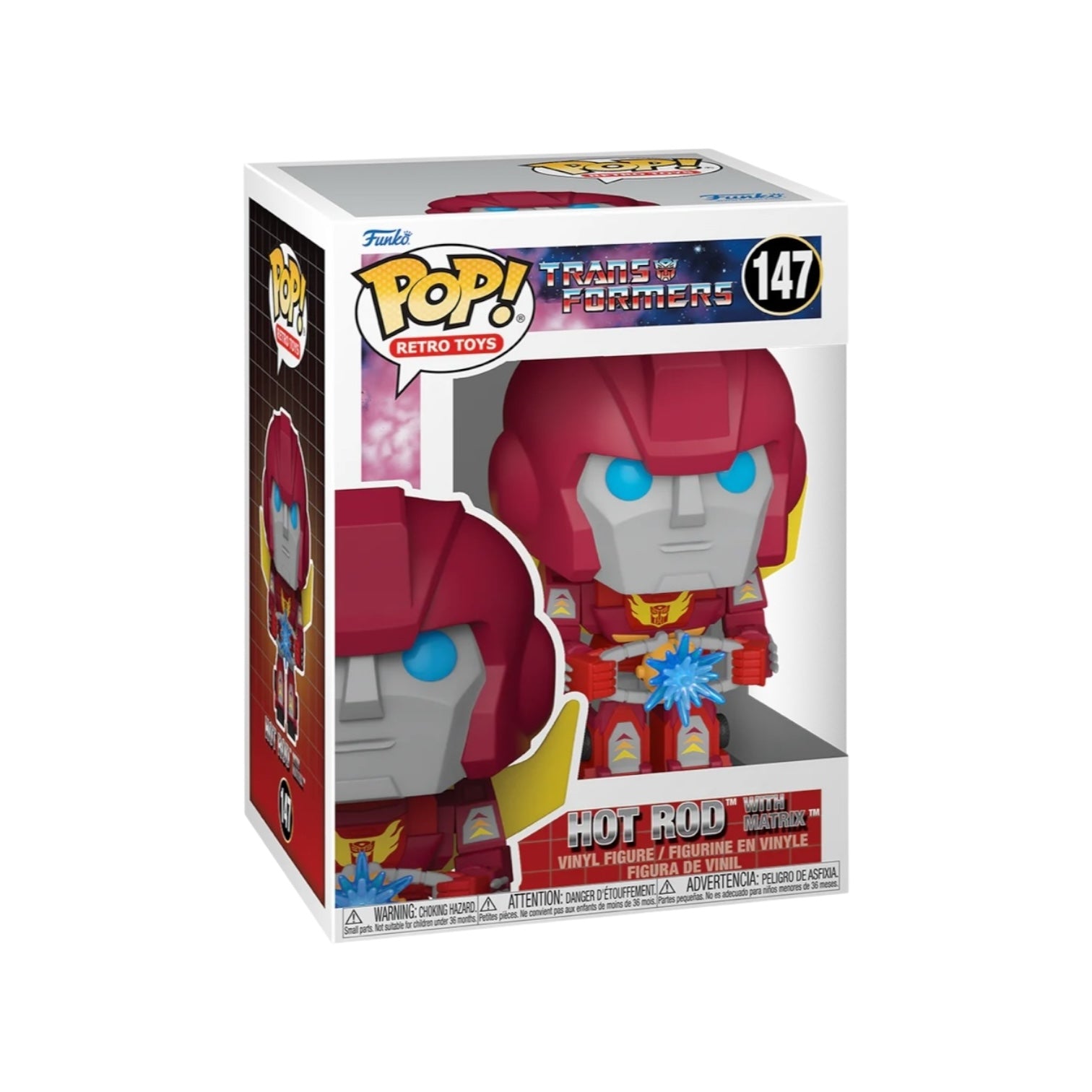 Hot Rod transformer in robotic form red and silver in colour with sky blue eyes holding matrix