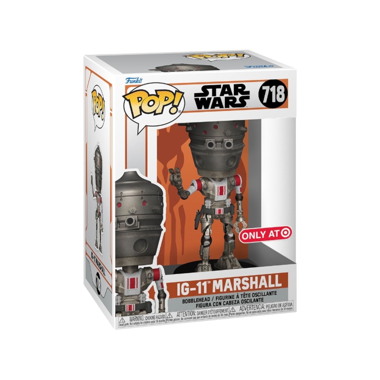 Target exclusive Funko Pop! of IG-11 Marshall #718 from Star Wars: The Mandalorian, showcasing intricate details and vibrant colors.