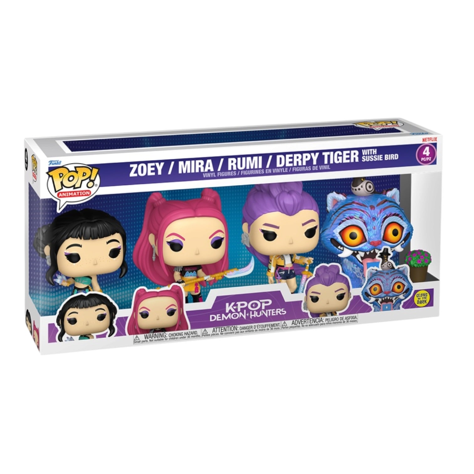 Zoey/Mira/Rumi/Derpy Tiger with Sussie Bird Funko Pop Pack (Glow in the Dark) - KPOP Demon Hunters - PREORDER