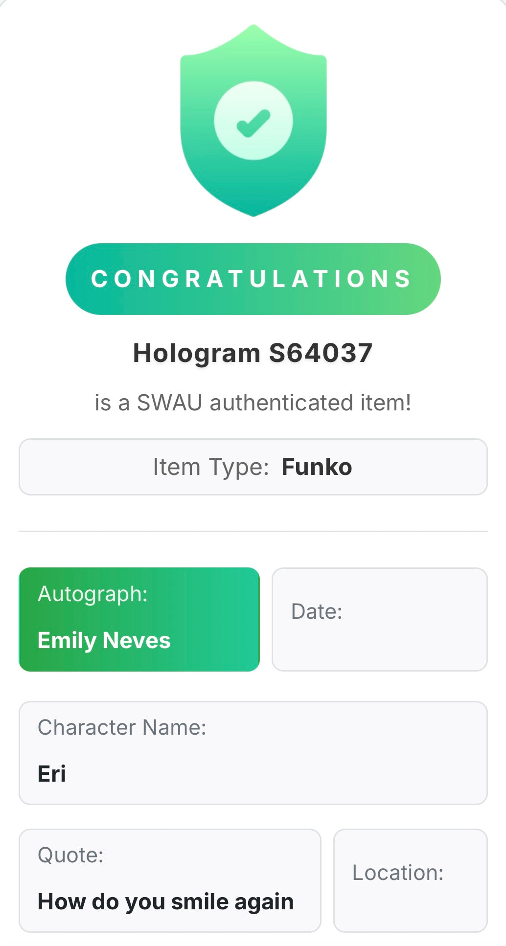 Emily Neves Signed Eri #1011 Funko Pop! - My Hero Academia - Condition 8.5/10 - SWAU Authenticated