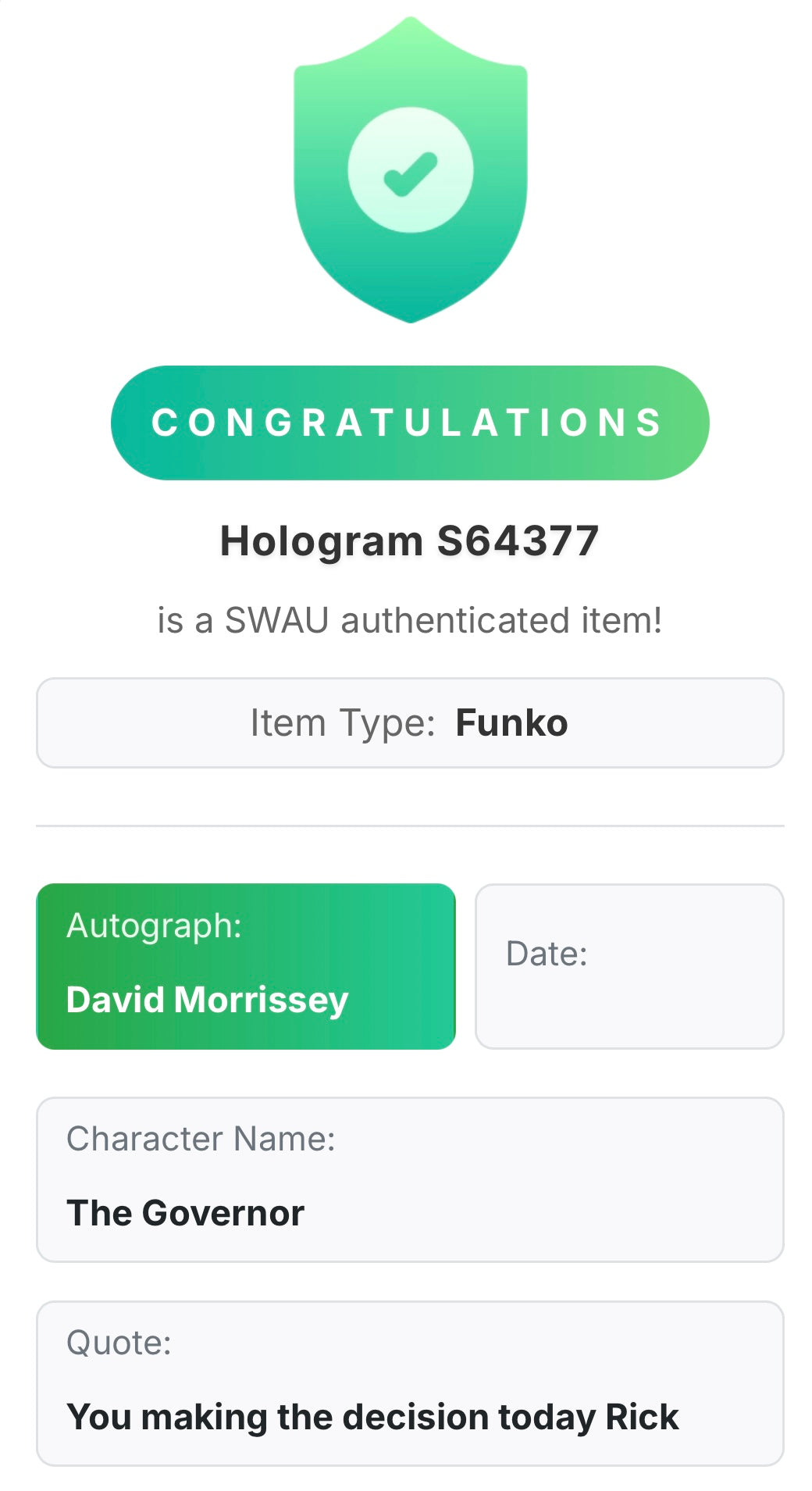 David Morrissey Signed The Governor #66 Funko Pop! - The Walking Dead - Condition 7.5/10 - SWAU Authenticated