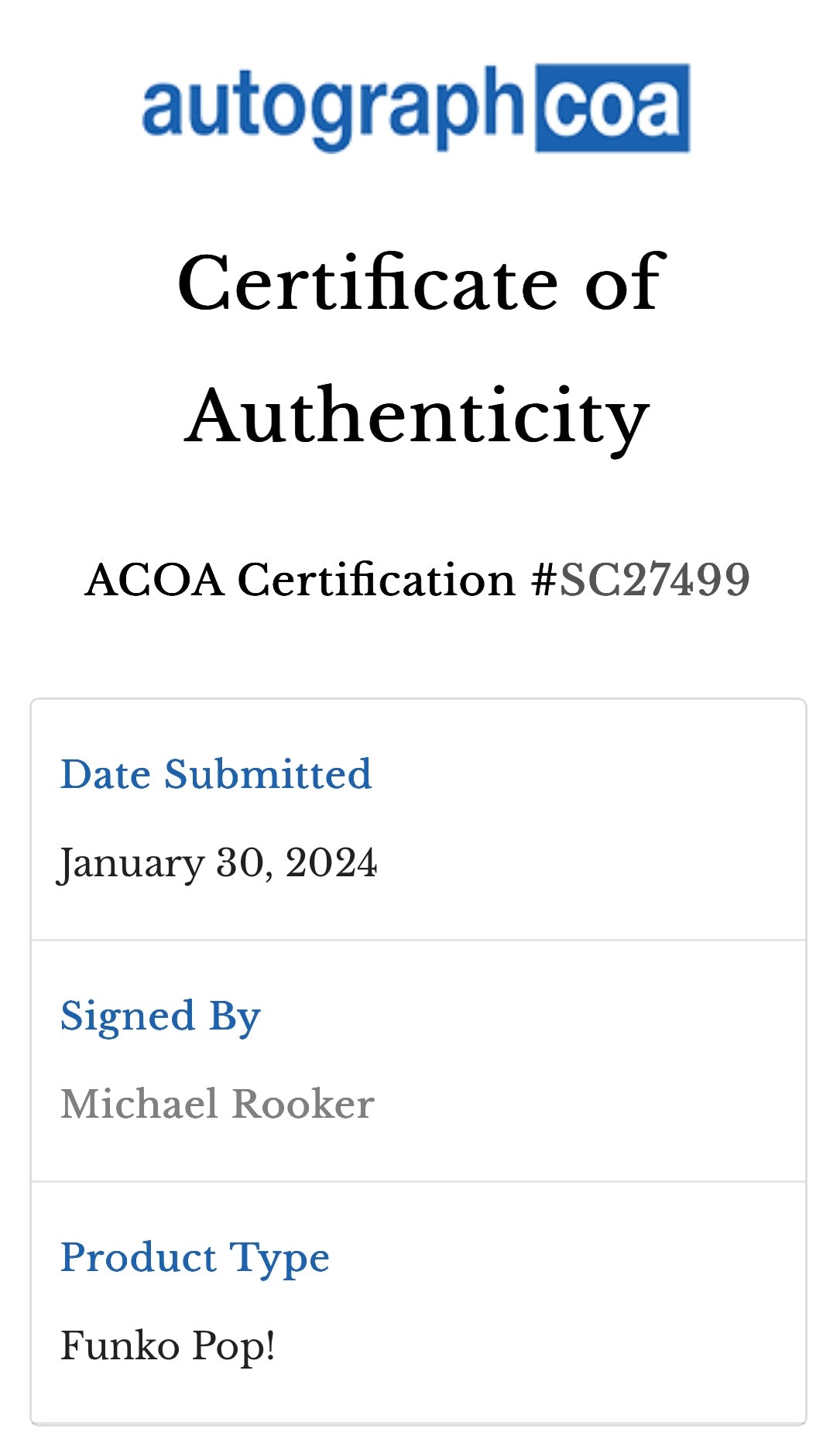 Michael Rooker Signed Merle Dixon #69 (Bloody) Funko Pop! - The Walking Dead - Tampa Bay Comic Con 2013 Exclusive - Condition 7/10 - ACOA Authenticated