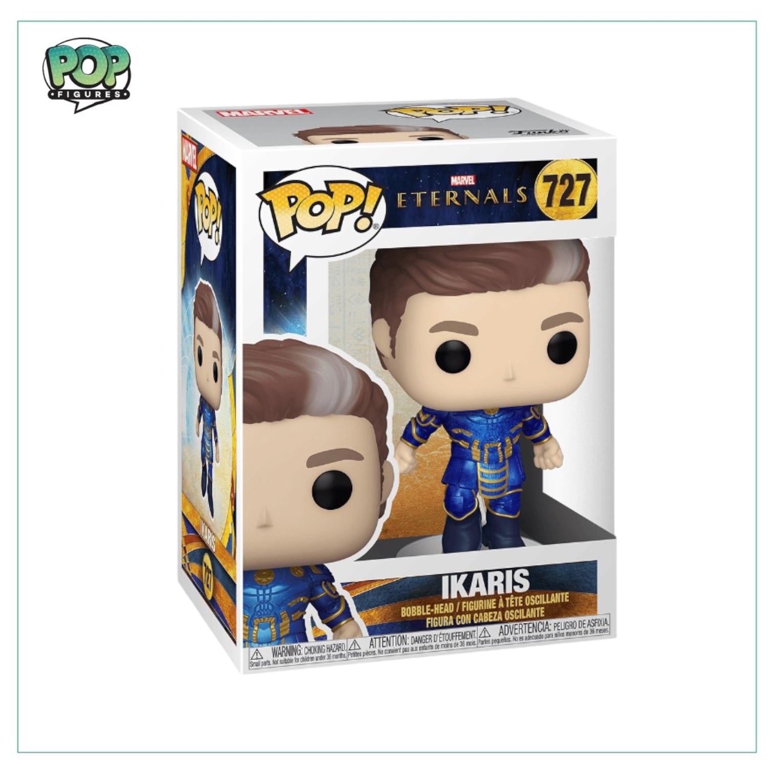 Ikaris #727 Funko Pop! collectible from Marvel's Eternals, showcasing the character with detailed features and bright colors.