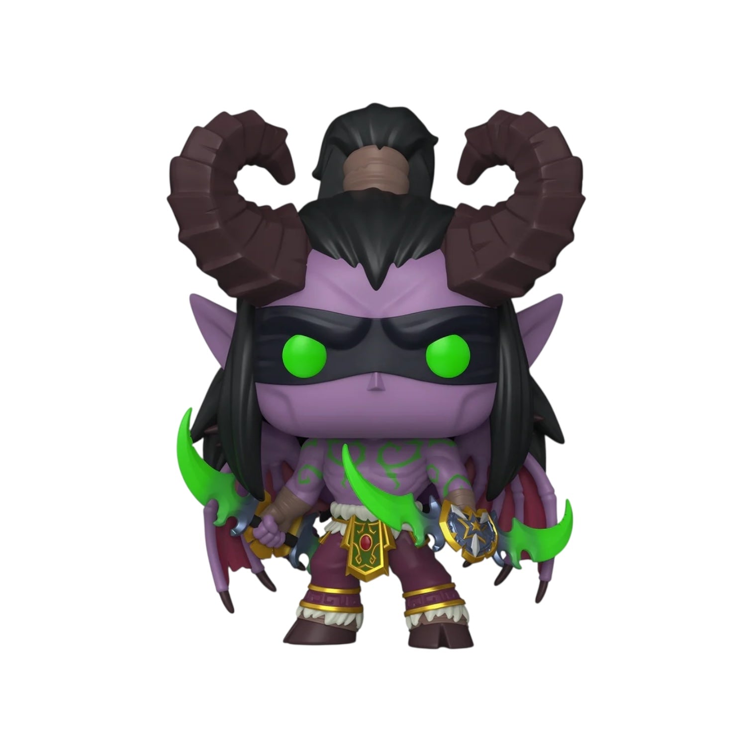 Funko Pop! vinyl figure with purple and black costume, green accents, and large horns on a white background