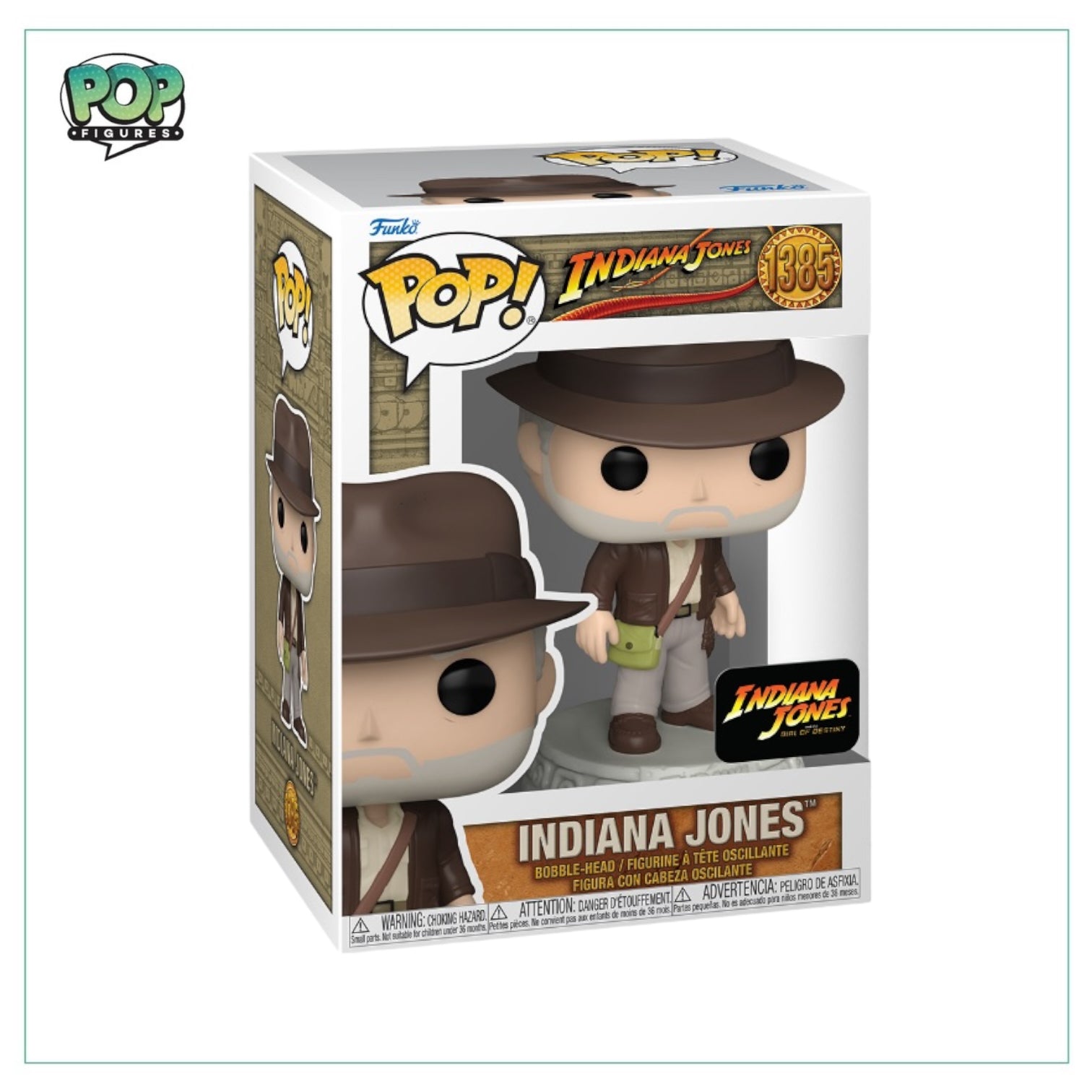 Funko Pop of Indiana Jones #1385 from "Indiana Jones and the Dial of Destiny," featuring his iconic hat and whip.