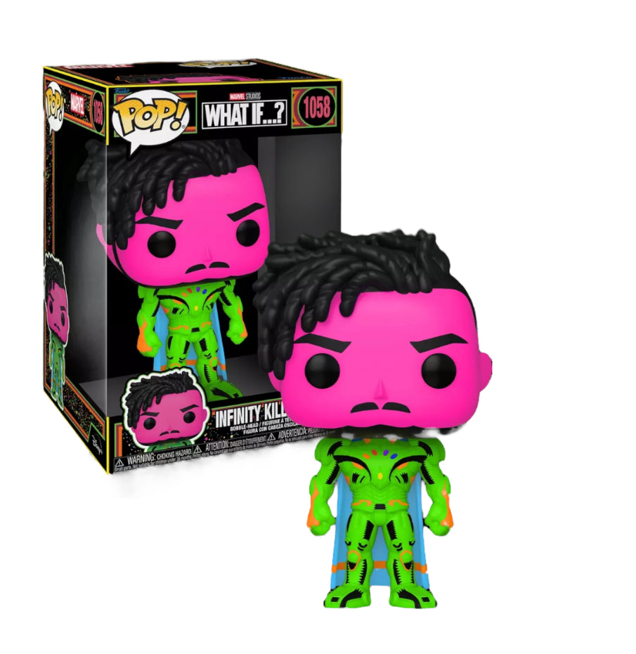Funko Pop! Infinity Killmonger #1058, 10’’ tall, features a blacklight design from the What If? series as a soldier.