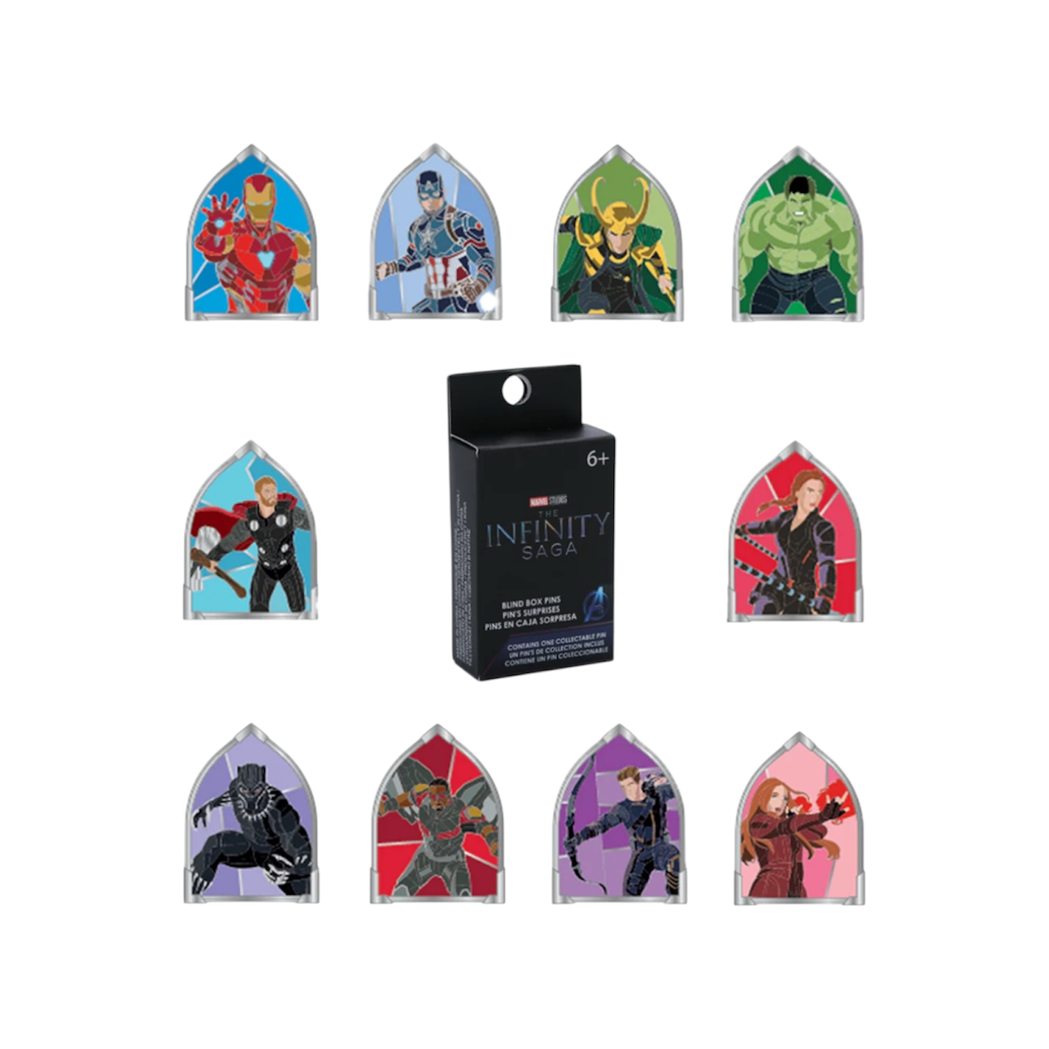 Assortment of marvel characters in stain glass shaped pins
