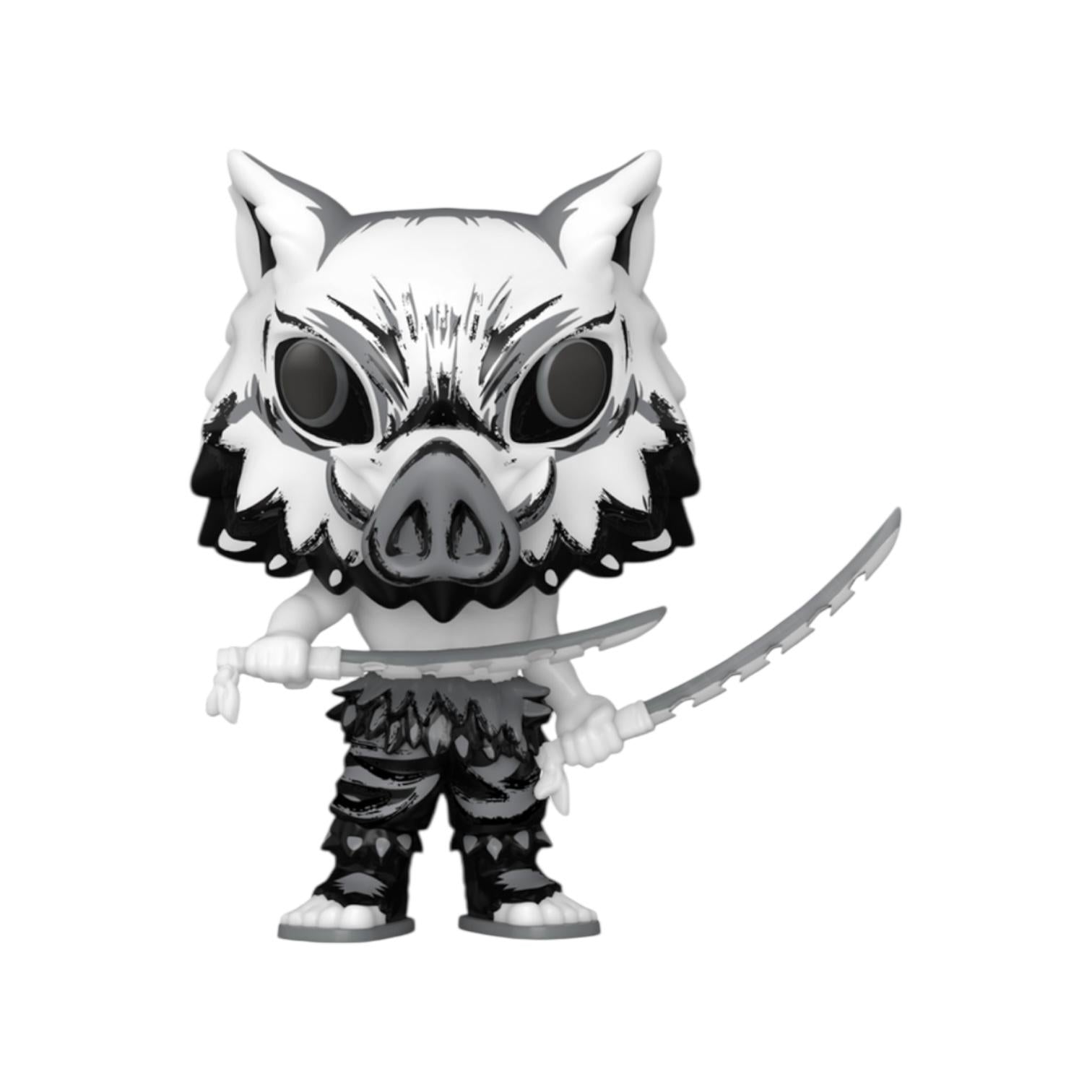 Black and white figurine with animal-like head and sword on a white background