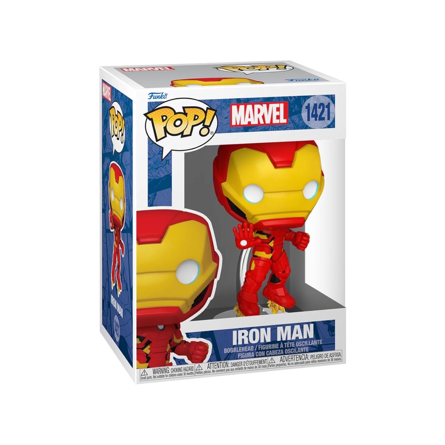 Funko Pop! figure of Iron Man #1421, showcasing the Marvel character in a vibrant, collectible design.