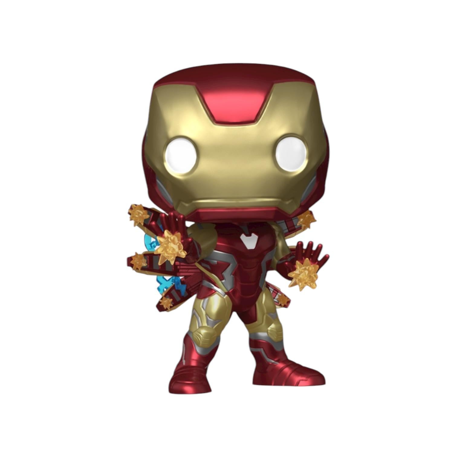 Superhero figurine with red and gold armor on a white background