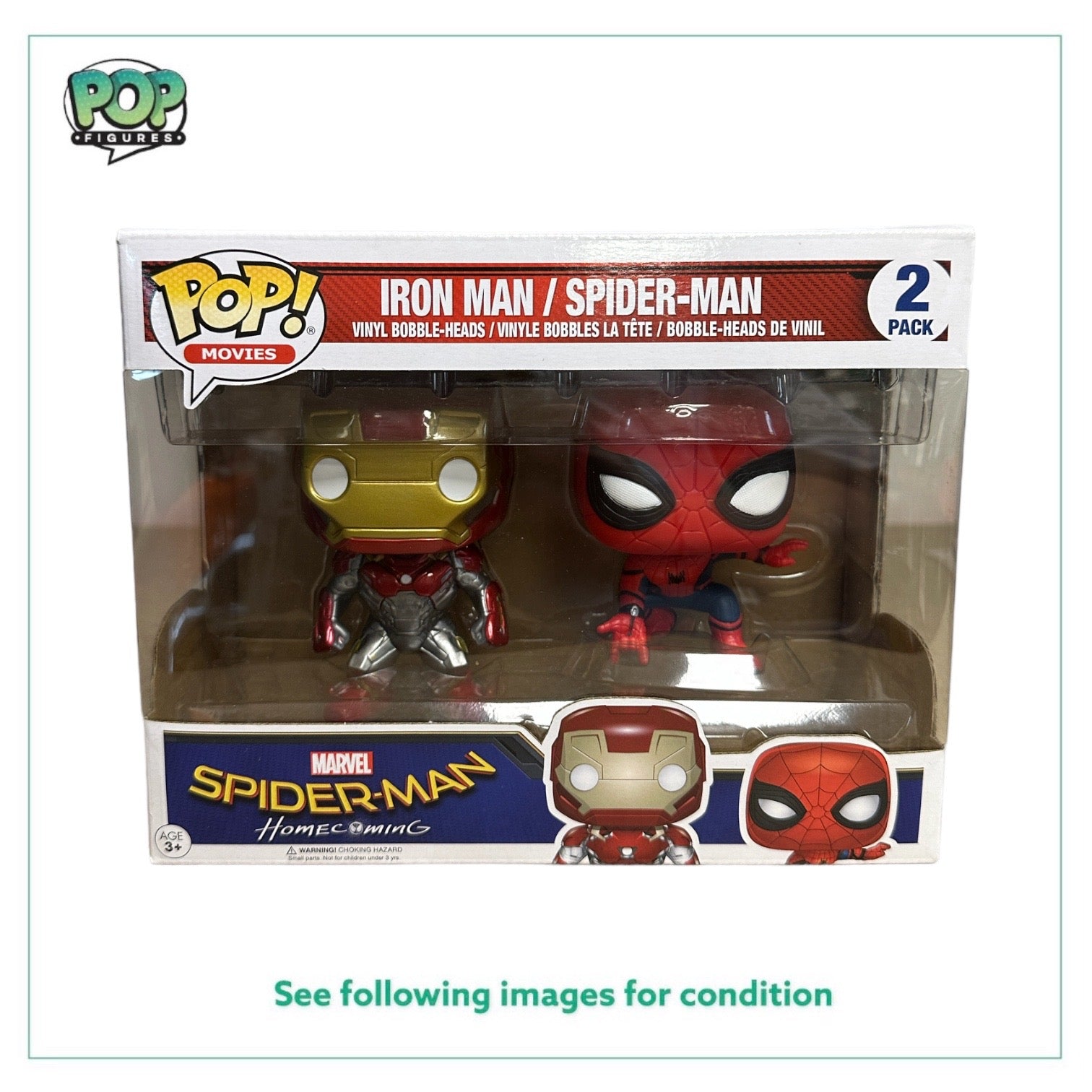 Funko Pop! 2-pack featuring Iron Man and Spider-Man from Homecoming, in excellent condition (9/10).