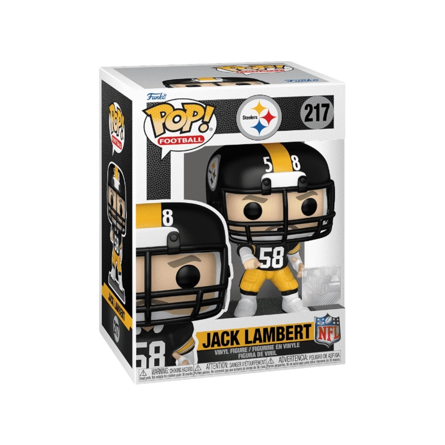 Jack Lambert #217 Funko Pop! figure in Steelers gear, showcasing the iconic linebacker in a collectible design.