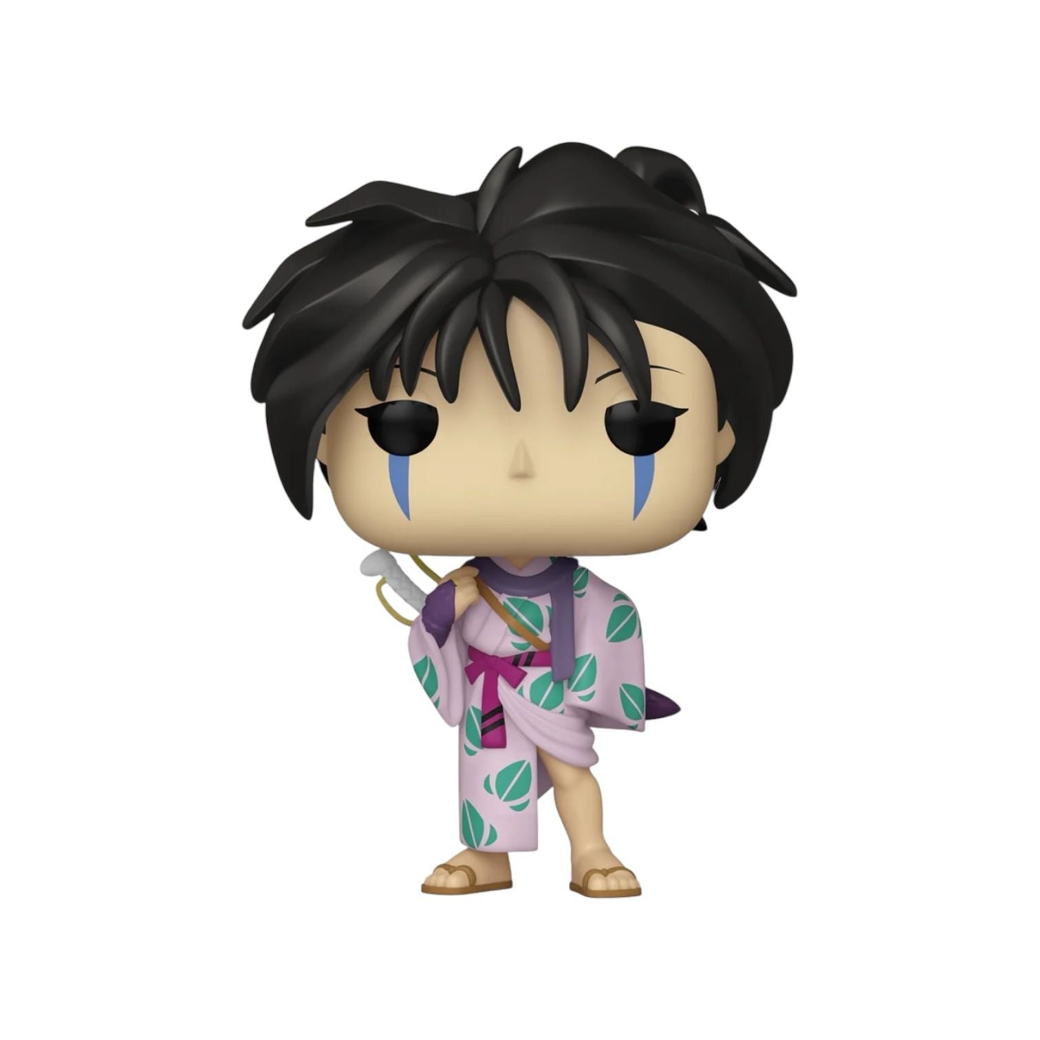 Jakotsu funko Pop in a pink robe with purple cuffs and green leaves.