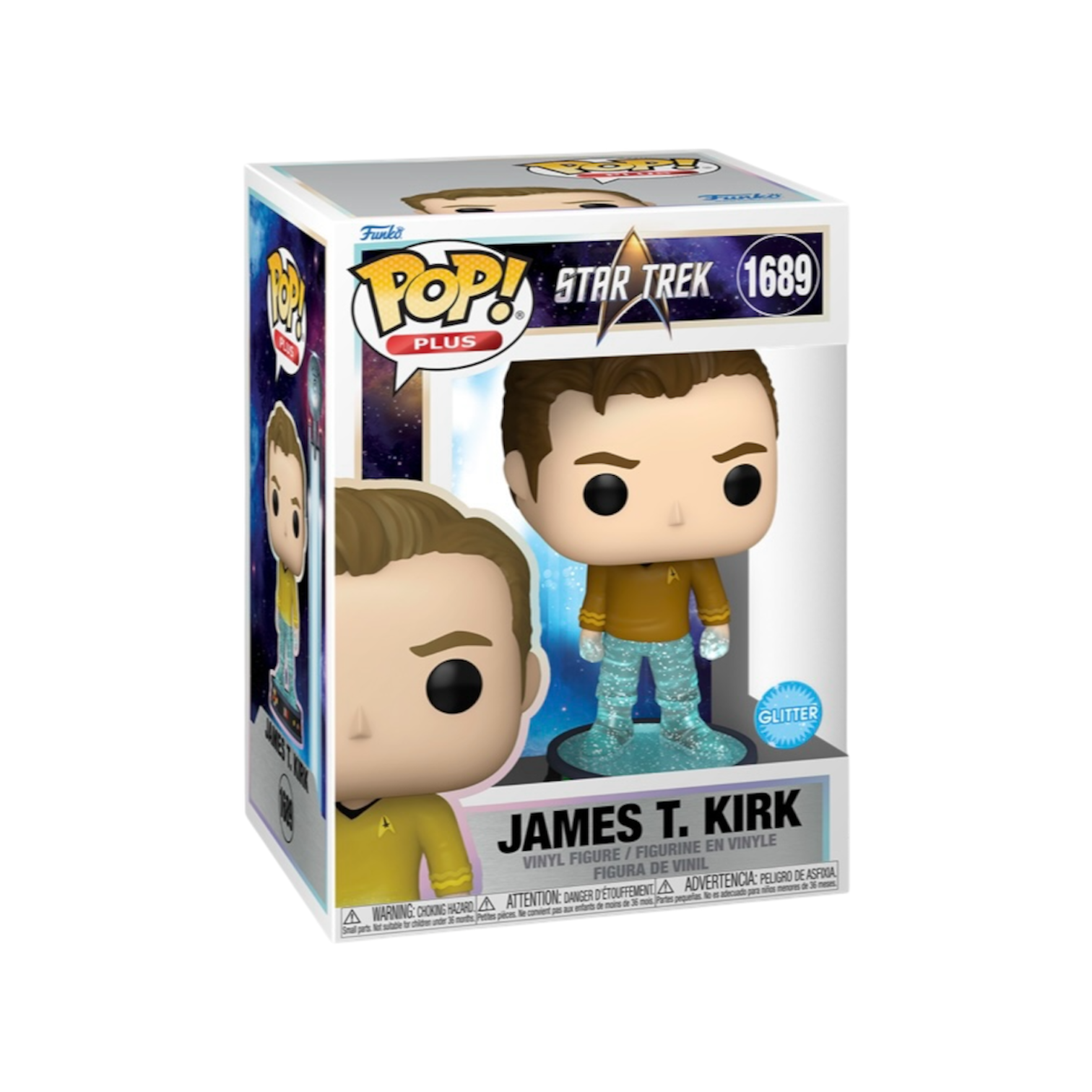 Pop Figure of James T Kirk Detailed Half and half with a glitter legs and his original outfit on the top