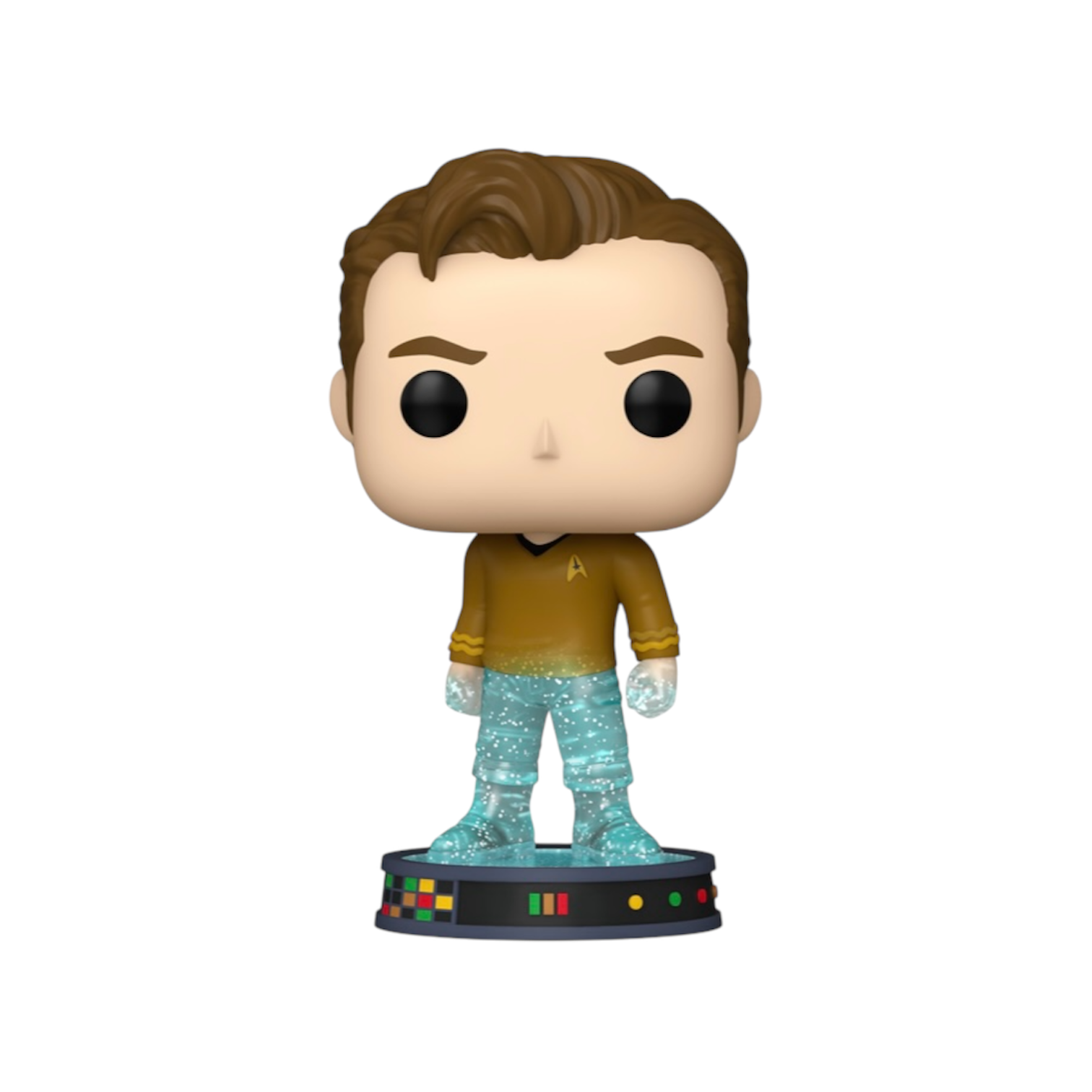 Pop Figure of James T Kirk Detailed Half and half with a glitter legs and his original outfit on the top