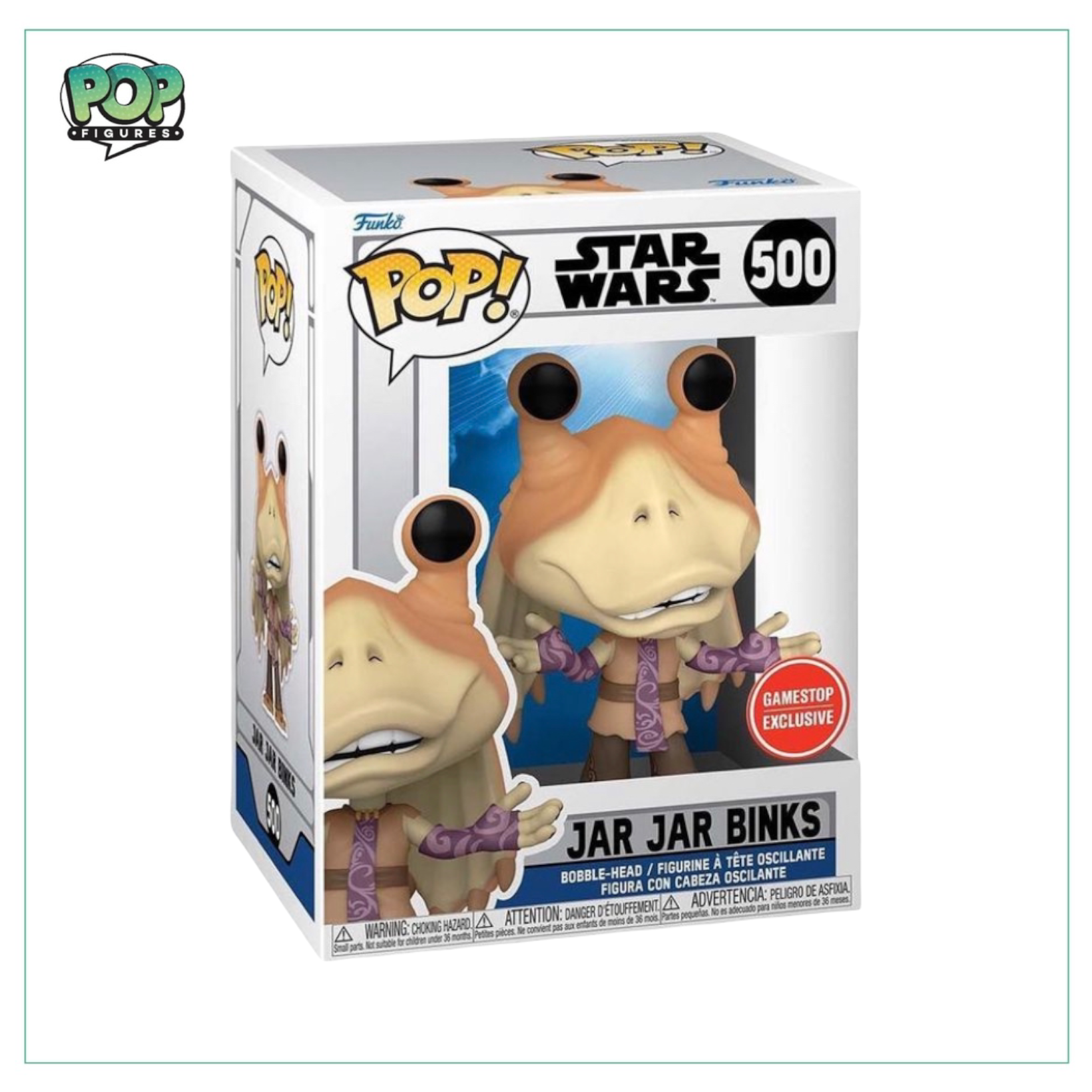 Funko Pop! Jar Jar Binks #500, a GameStop exclusive, featuring the beloved Star Wars character in vibrant detail.