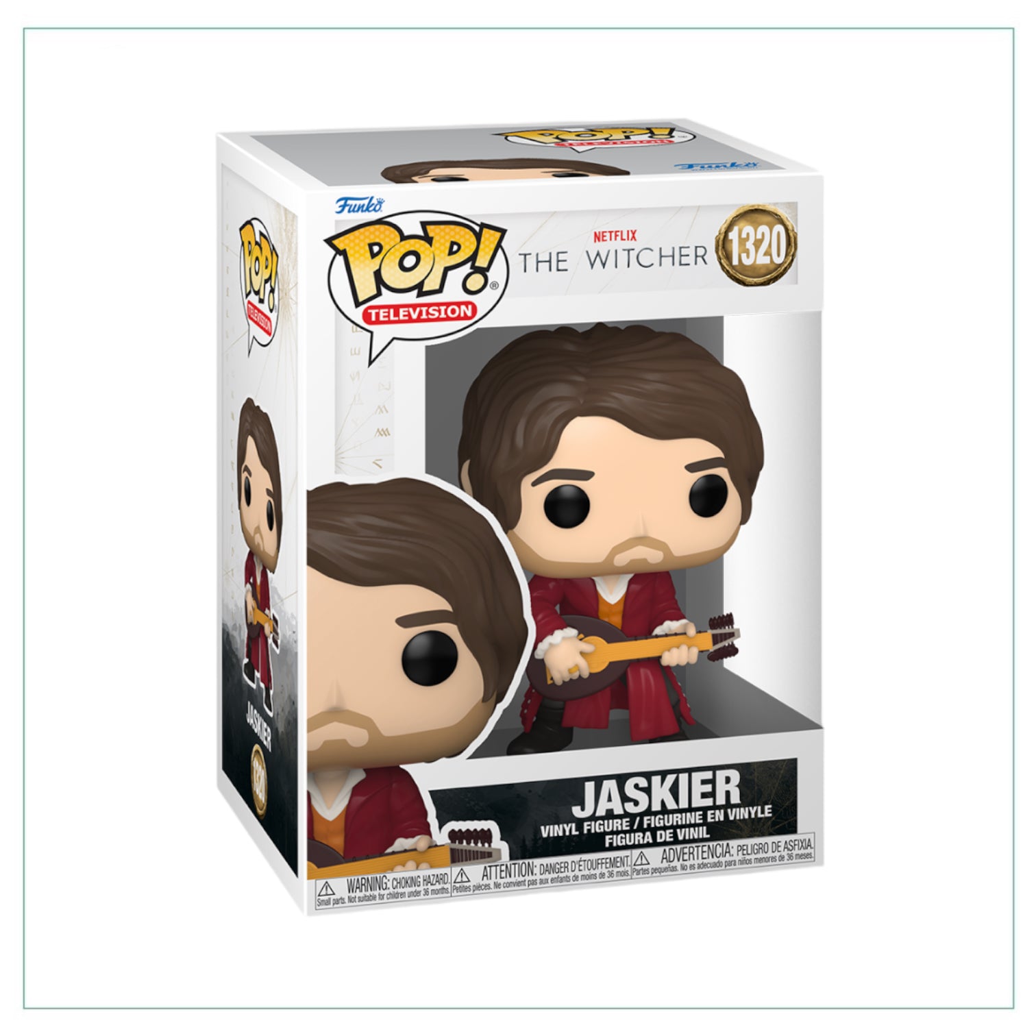 Jaskier #1320 Funko Pop! from The Witcher, showcasing the beloved bard with his signature look and playful expression.