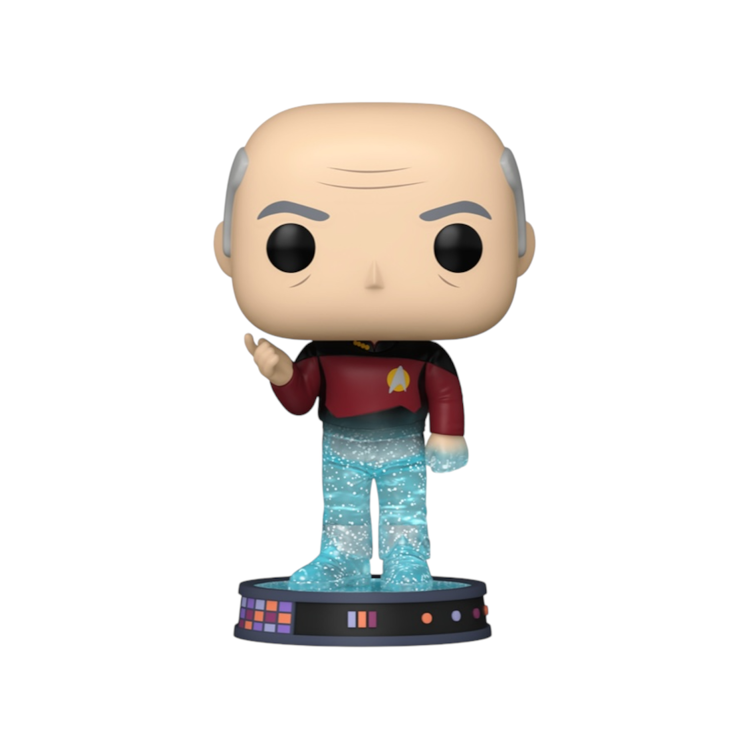 Pop Figure of Jean Luc Picard Detailed Half and half with a glitter legs and his original outfit on the top