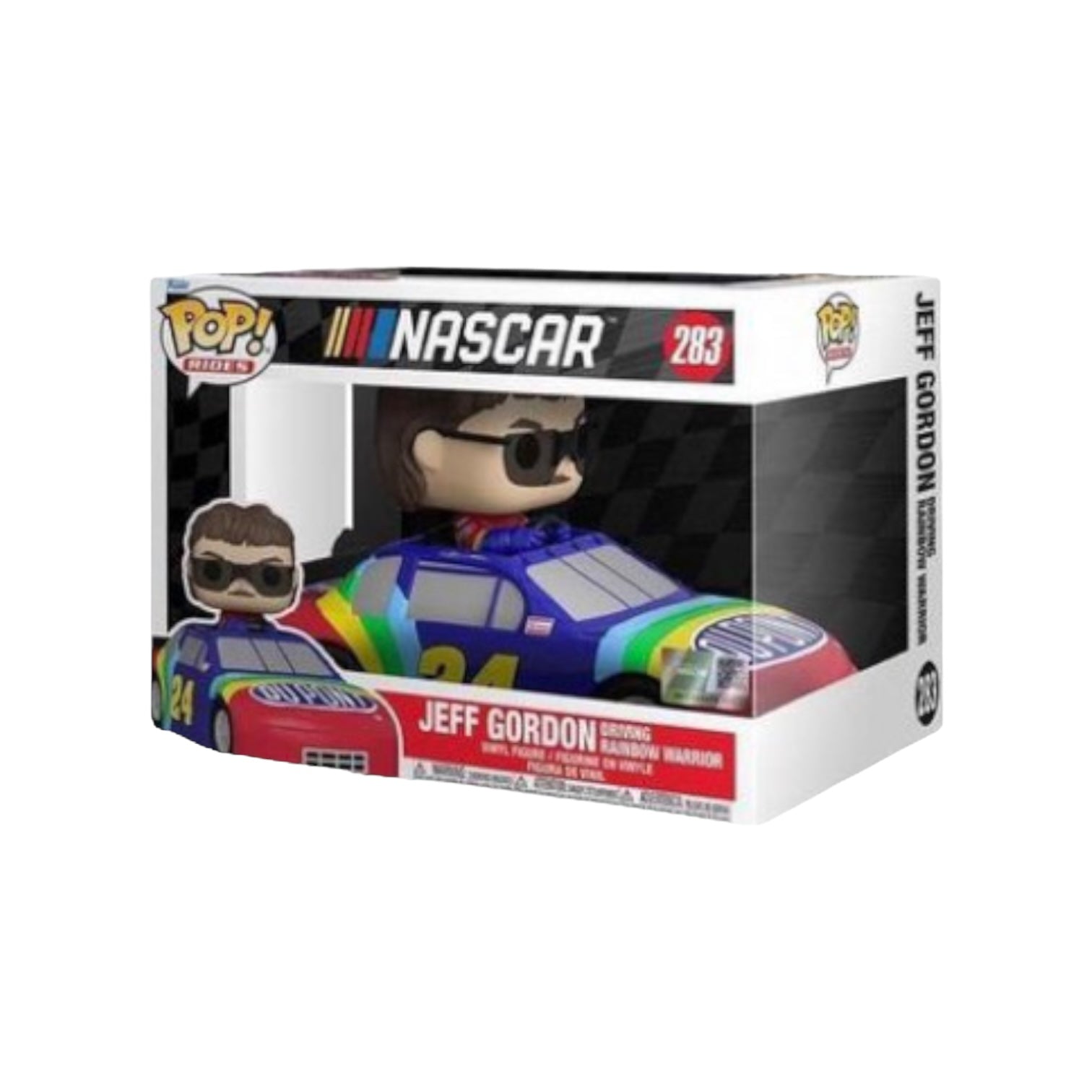 Jeff Gordon in Rainbow Warrior #283 Deluxe Funko Pop! driving a NASCAR, showcasing vibrant colors and dynamic design.