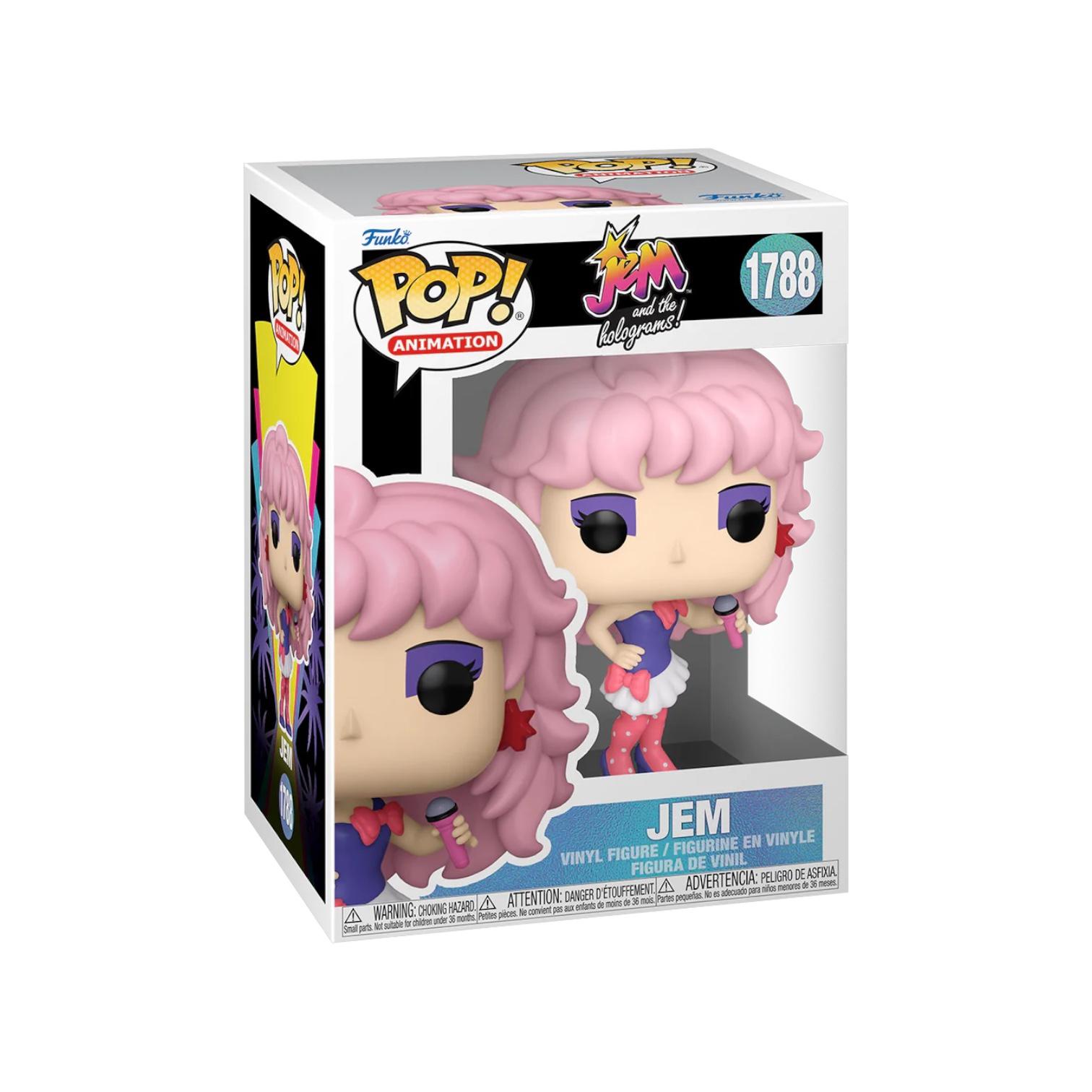 Jem with bright pink hair, purple corset white skirt and pink polka dot tights