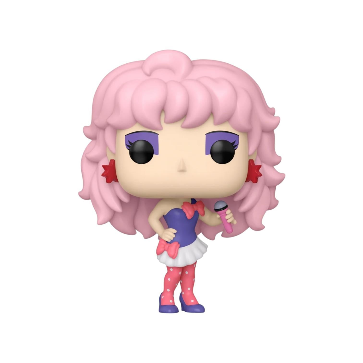 Jem with bright pink hair, purple corset white skirt and pink polka dot tights