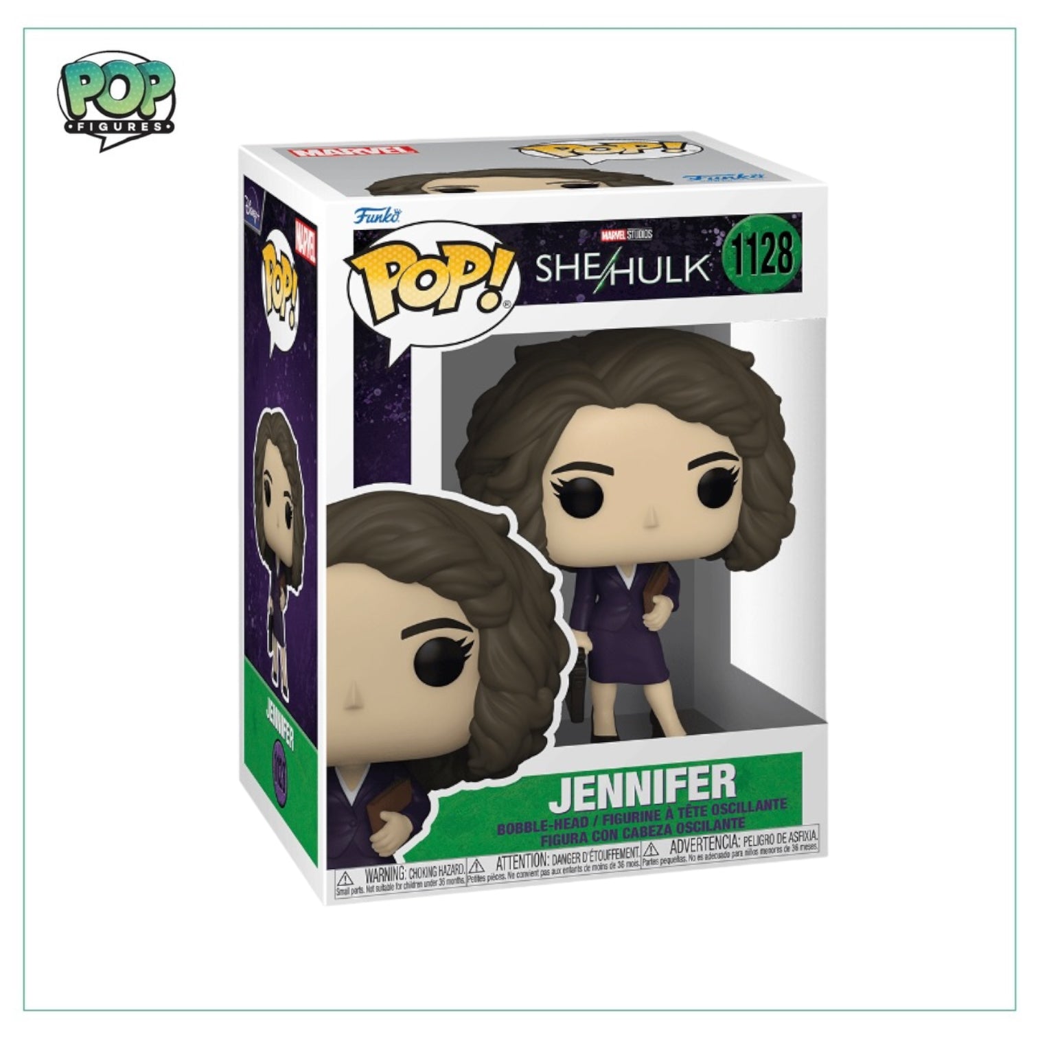 Funko Pop! figure of Jennifer #1128 as She Hulk, showcasing her green skin and confident pose in a vibrant design.