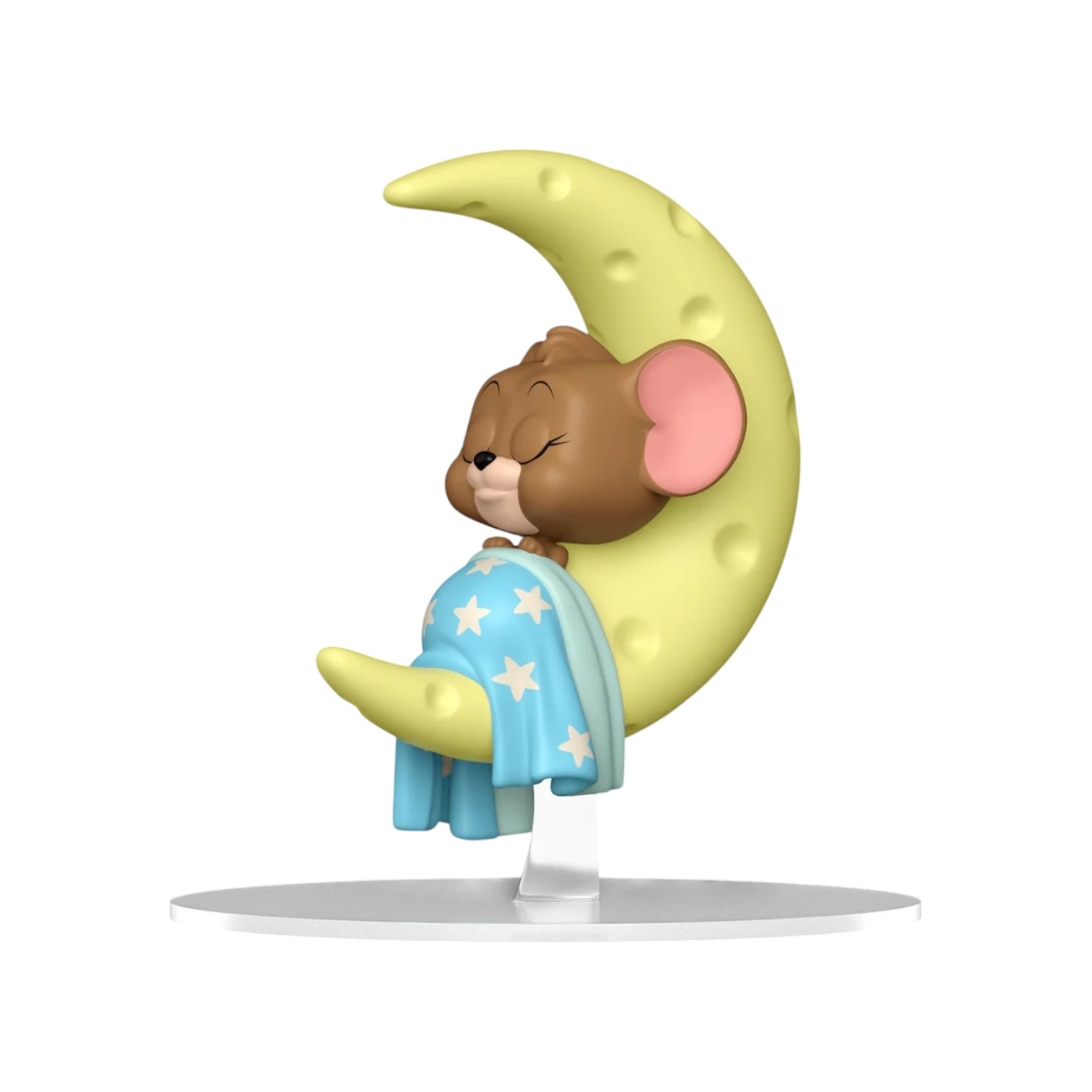 This collectible figure features Jerry peacefully sitting on a crescent moon, wrapped in a cozy blanket, perfectly embodying a serene moment ready for a nap.