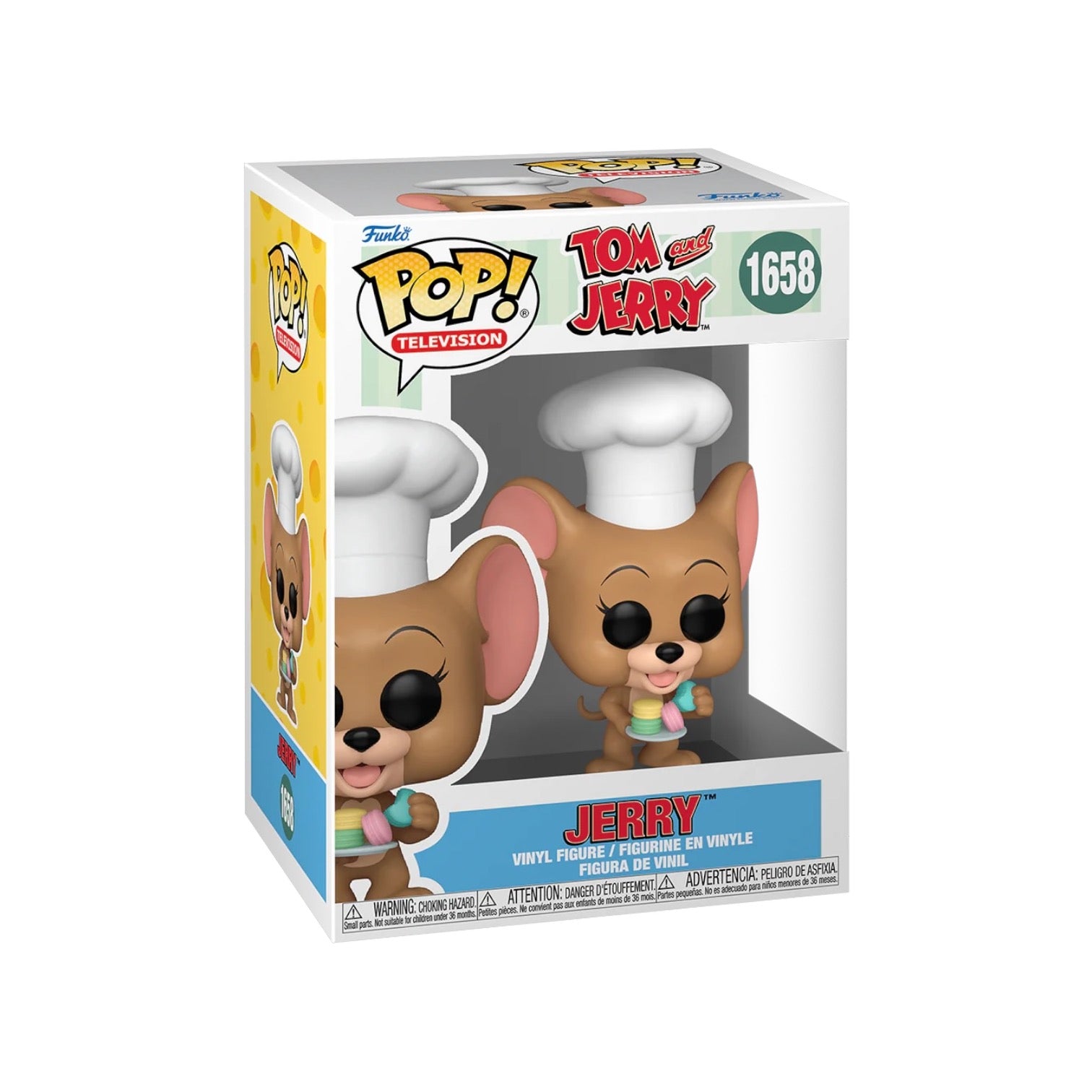 Funko Pop! of Jerry holding macaroons, from Tom & Jerry series, available for preorder. Cute collectible for fans!