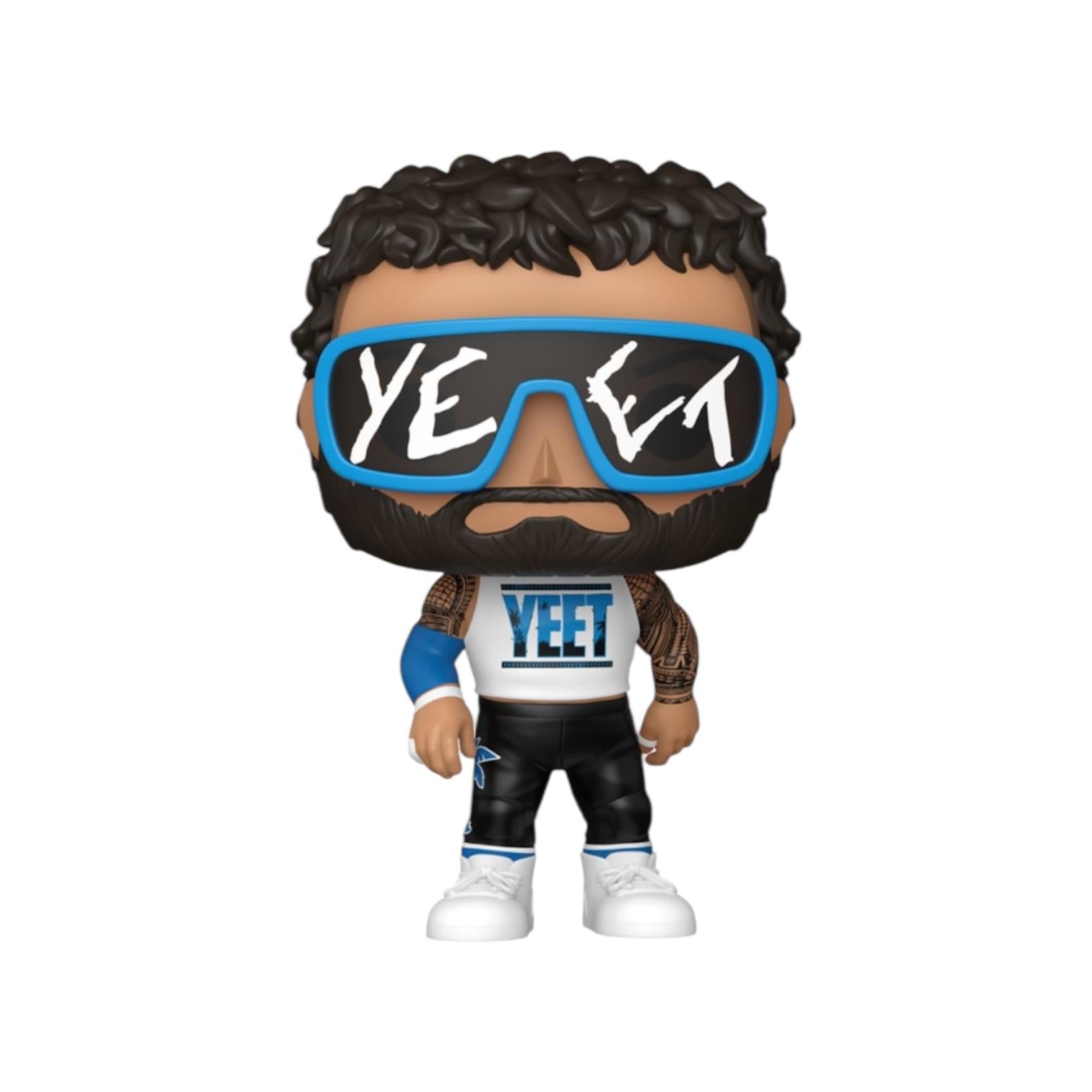 Figurine with sunglasses and 'YEET' shirt on a white background
