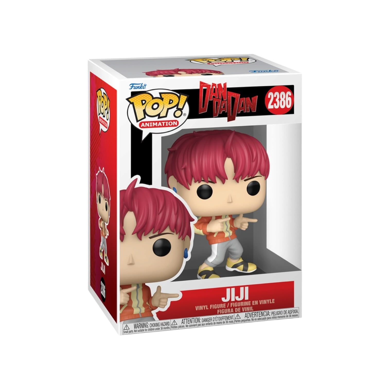 Funko Pop! vinyl figure packaging with 'Dam dan dan' branding and character illustration.