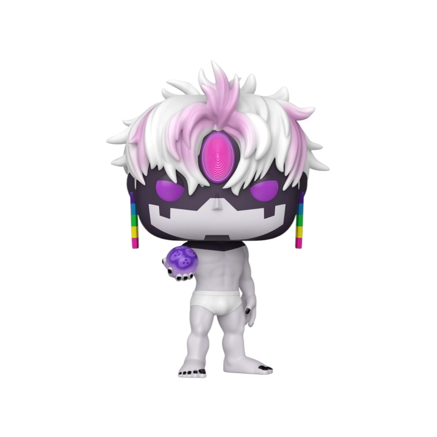Animated character with white hair and purple accents on a white background